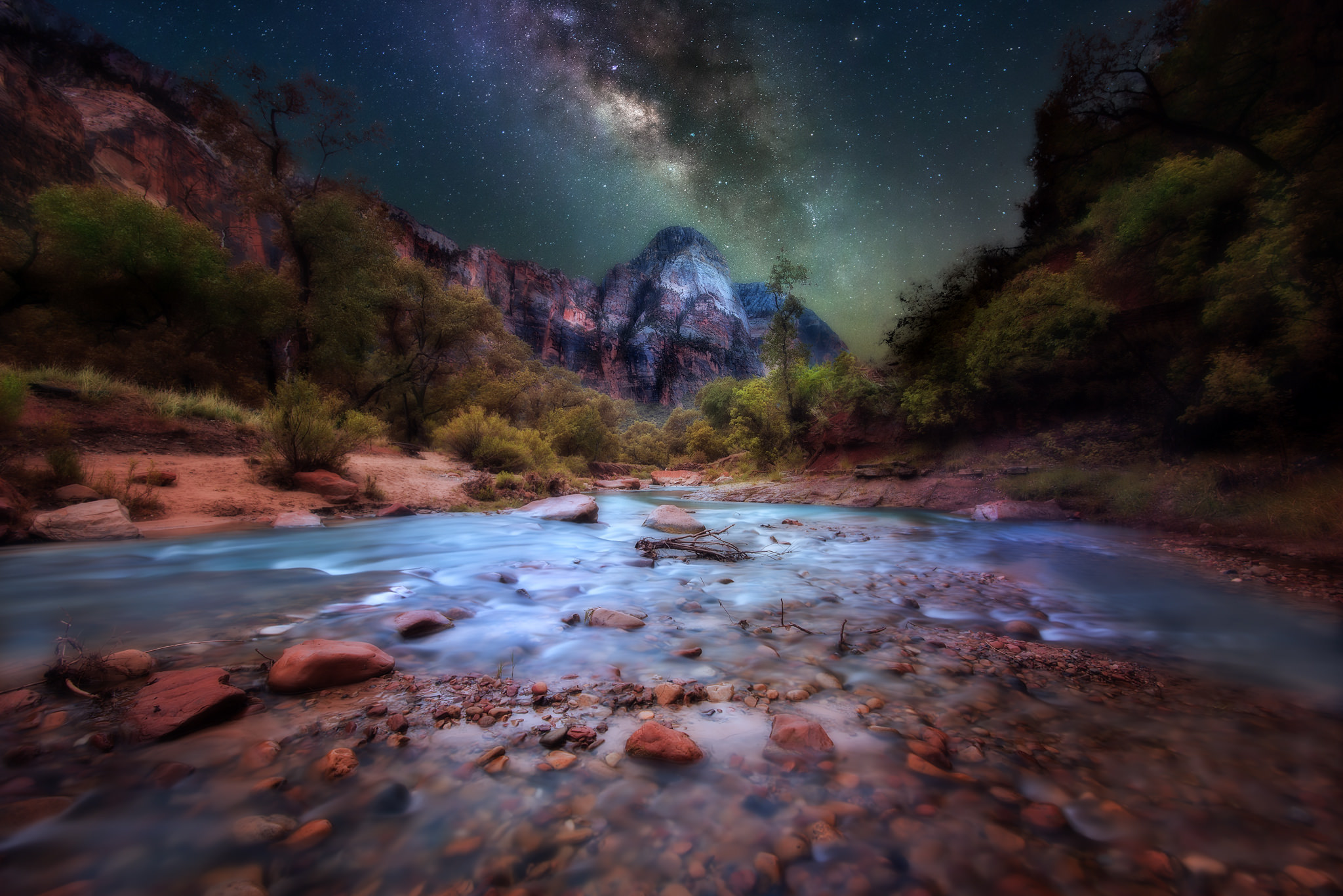 Cliff Milky Way Mountain Nature Night River Stars Stone Utah Zion National Park 2048x1367