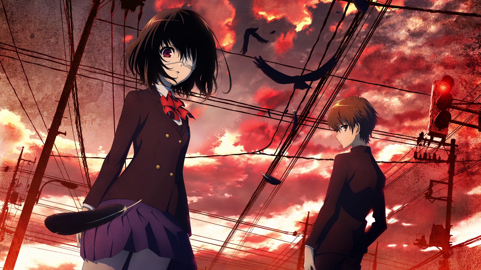 Another Anime Bird Black Hair Boy Brown Eyes Brown Hair Crow Eye Patch Girl Kouichi Sakakibara Mei M 1920x1080