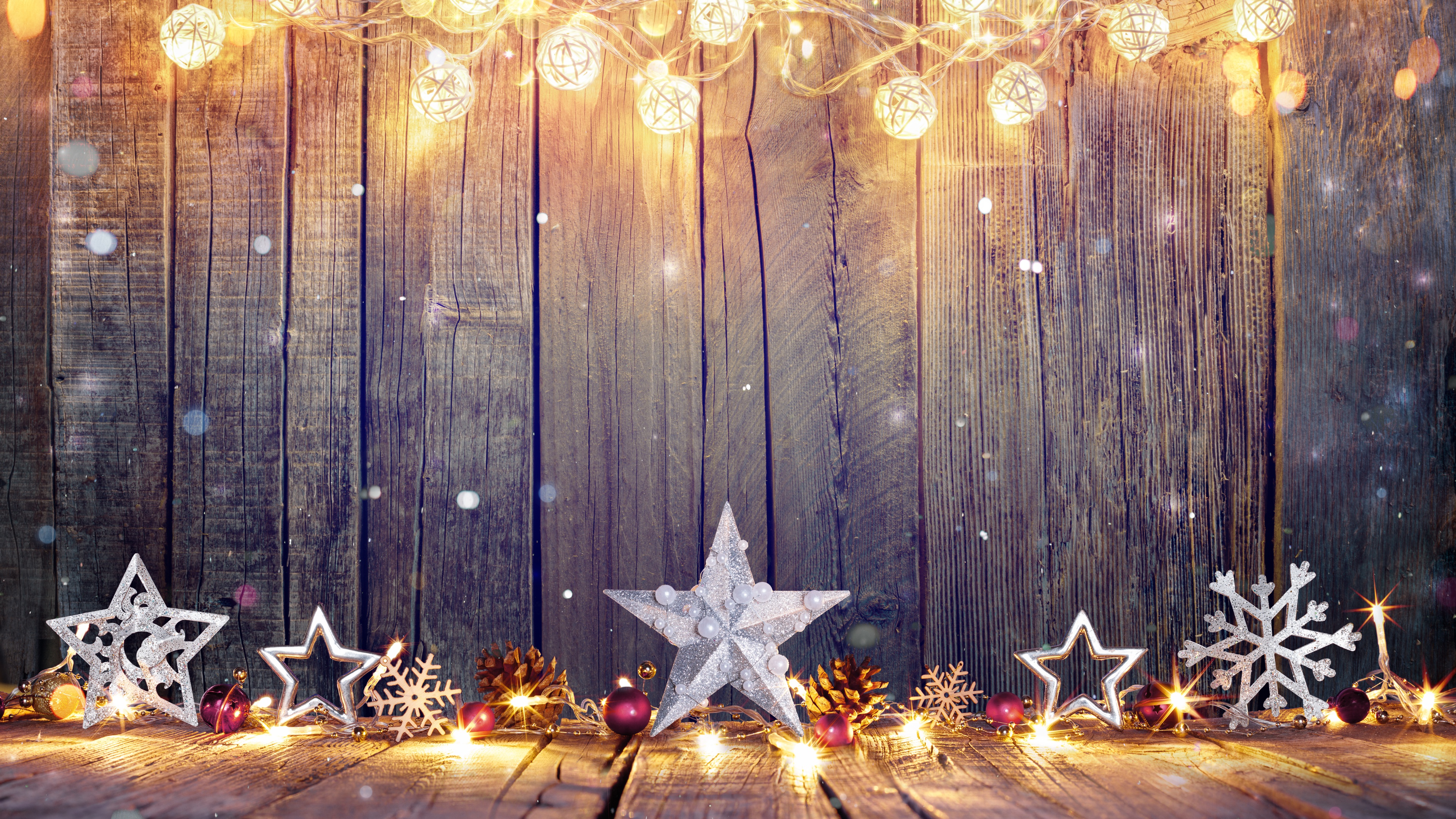 Christmas Light Pattern Snowflake Star Wood 3840x2160