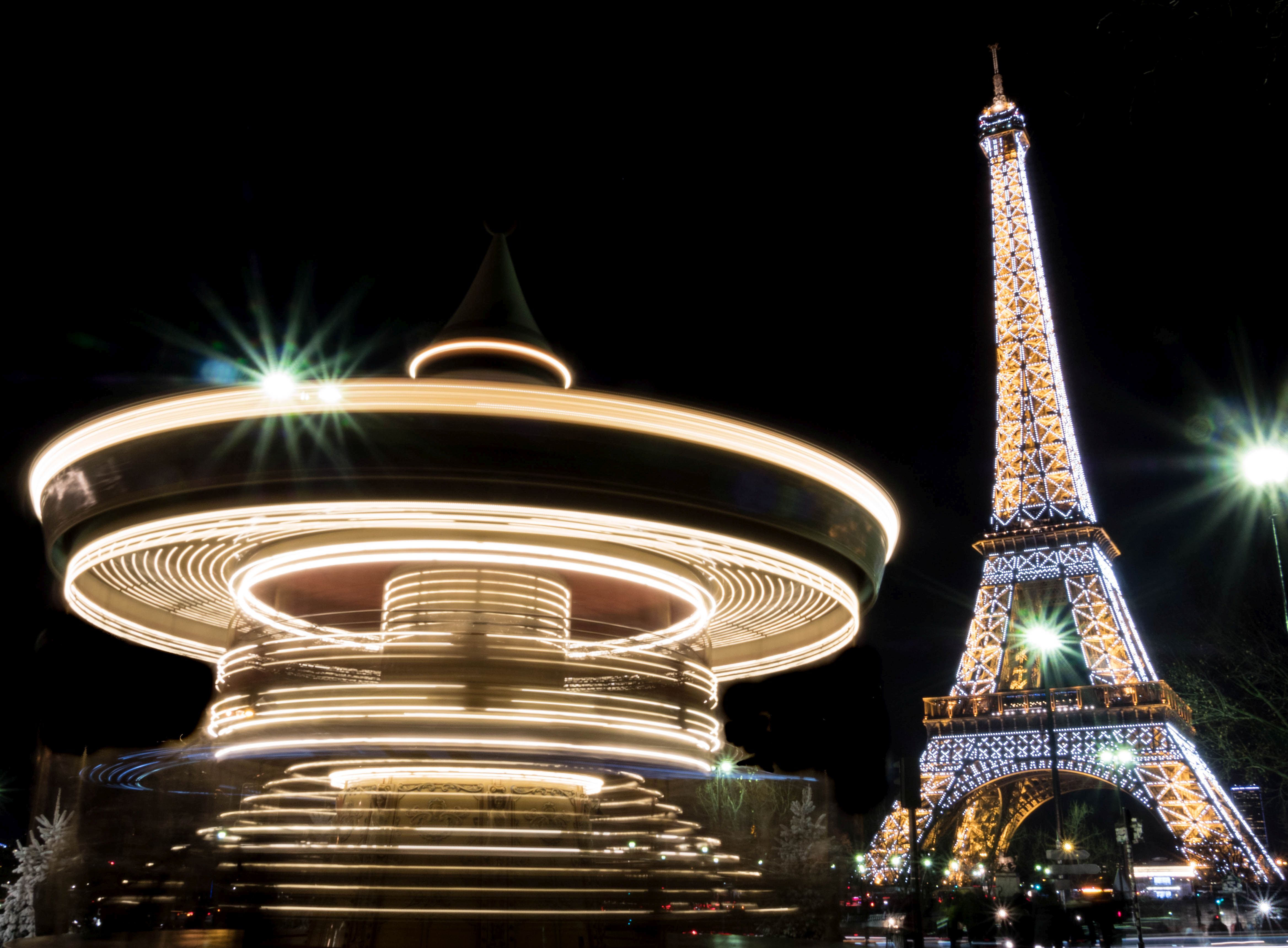 Carrousel Eiffel Tower Light Monument Night Paris Time Lapse 4672x3441