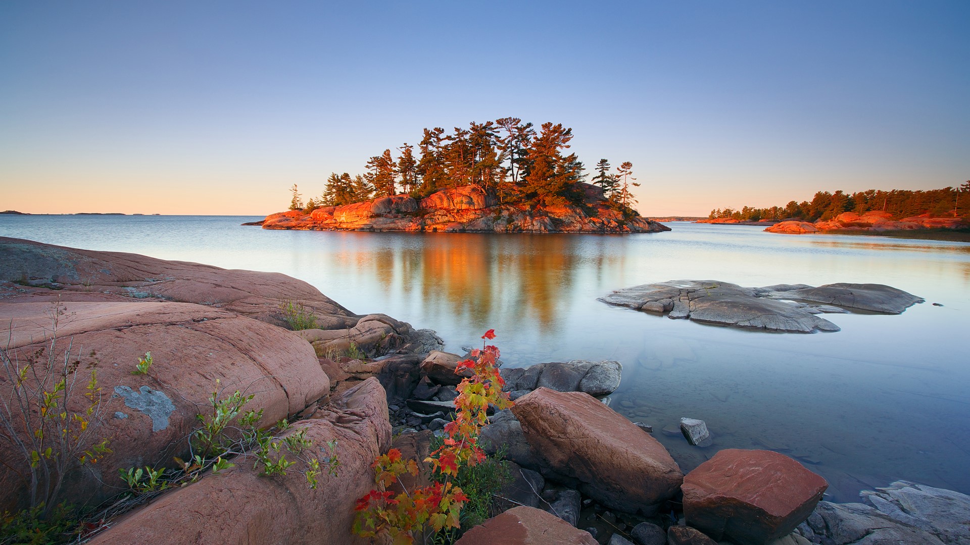 Nature Landscape Rocks Clear Sky Plants Water Trees Sunrise Ontario Canada 1920x1080