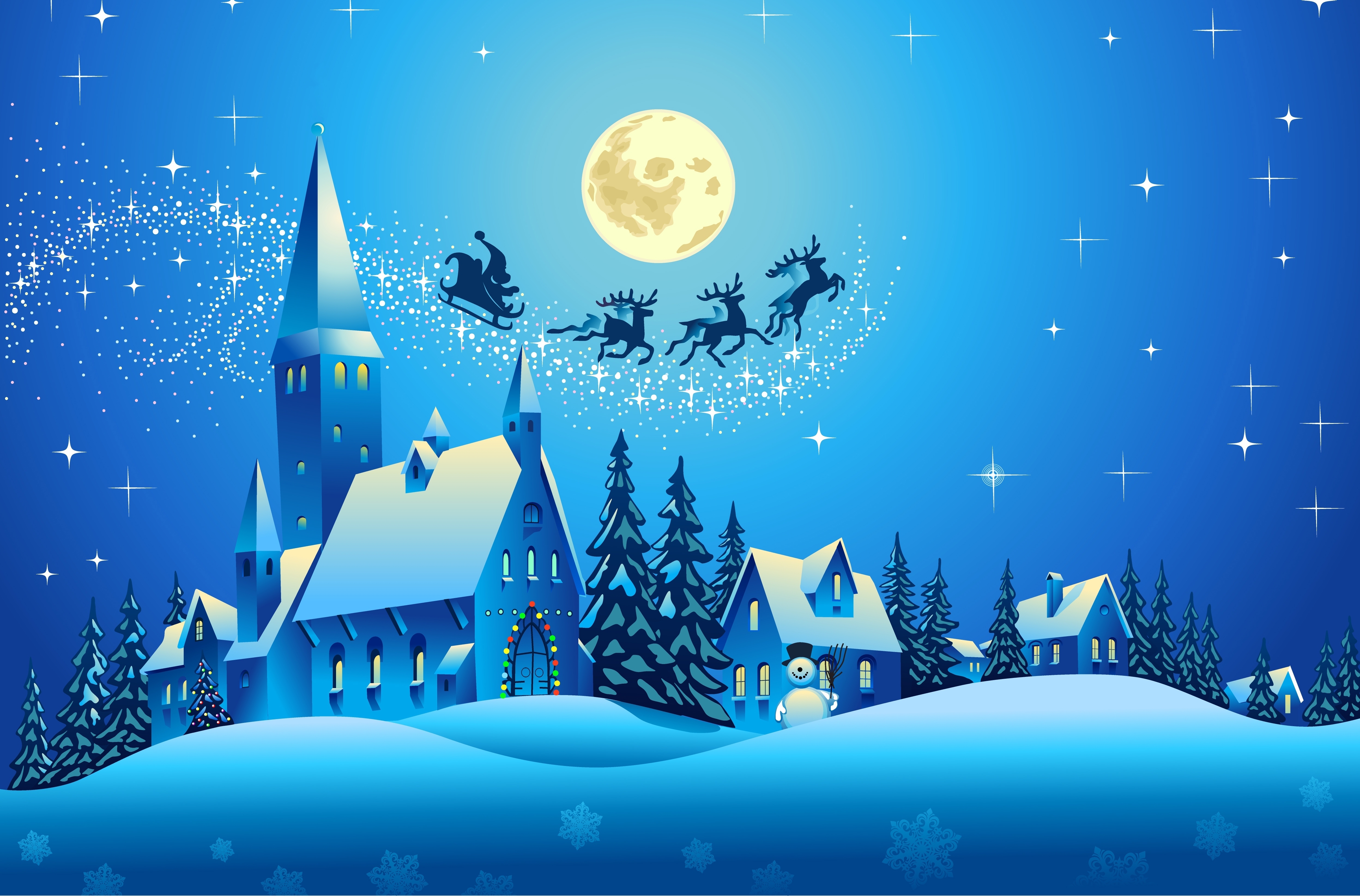 Artistic Blue Christmas Church House Santa Sleigh Snowman Tree 4990x3287