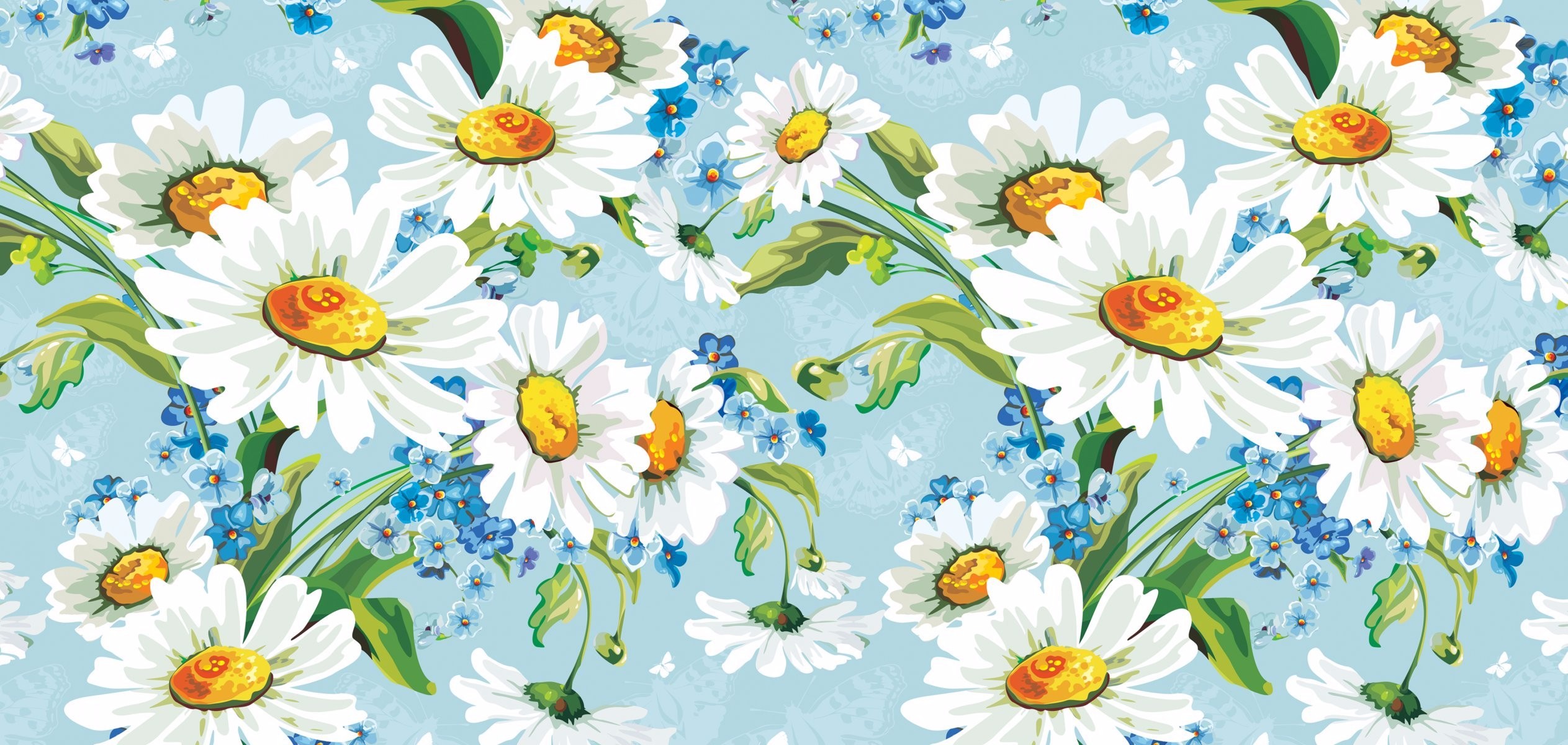Blue Flower Camomile Daisy Flower Painting White Flower 2526x1200