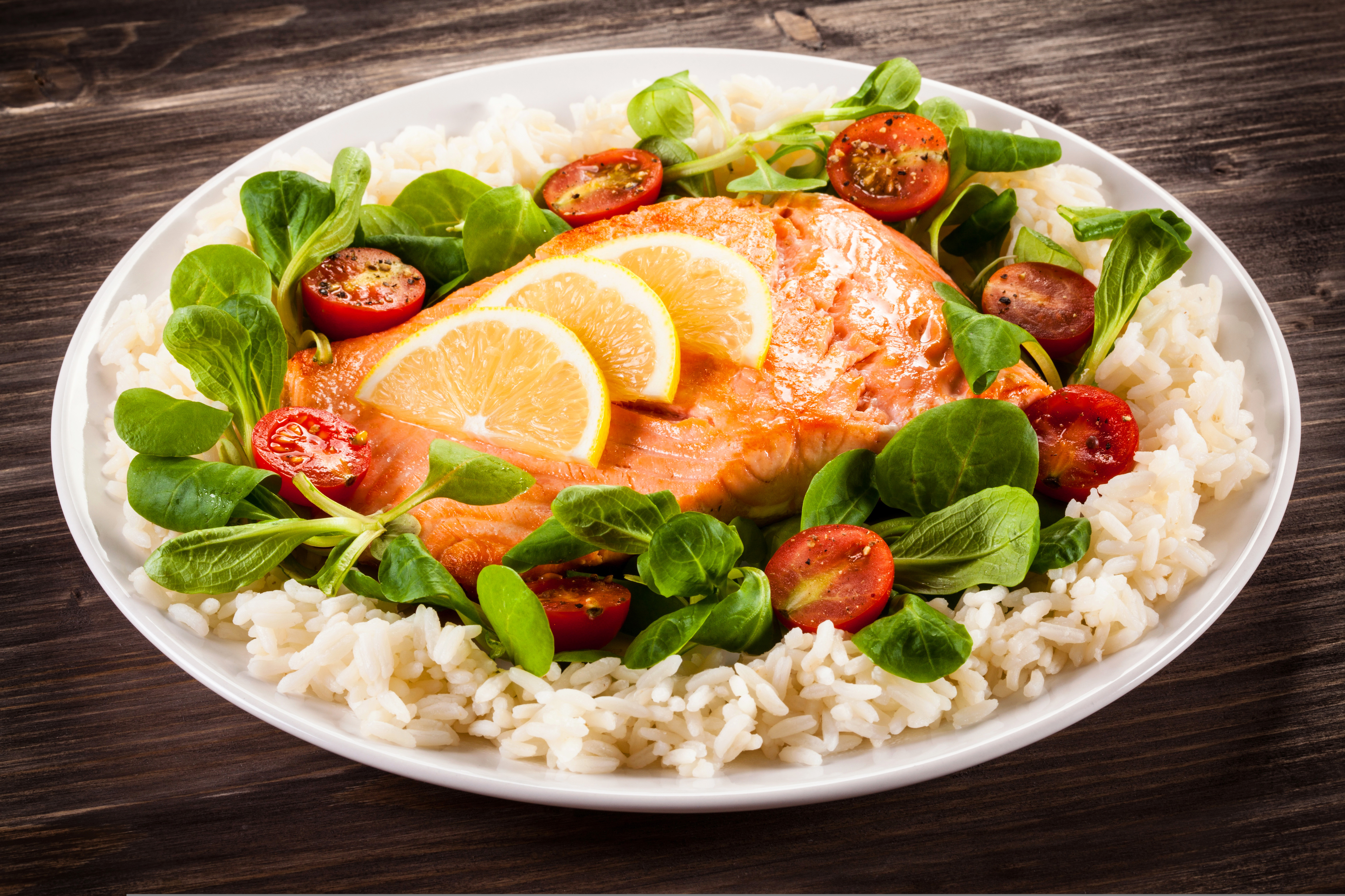 Fish Meal Rice Salad Salmon Tomato 5616x3744