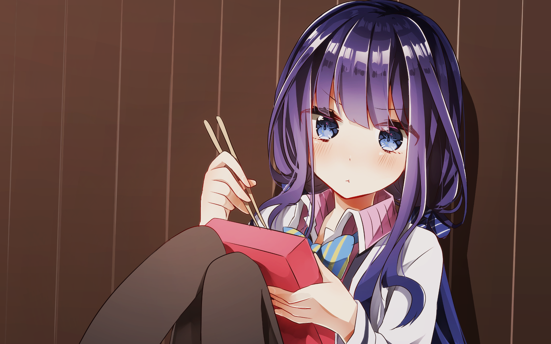 Aki Adagaki Anime Blue Eyes Blush Eating Face Girl Pantyhose Purple Hair Sitting 1920x1200