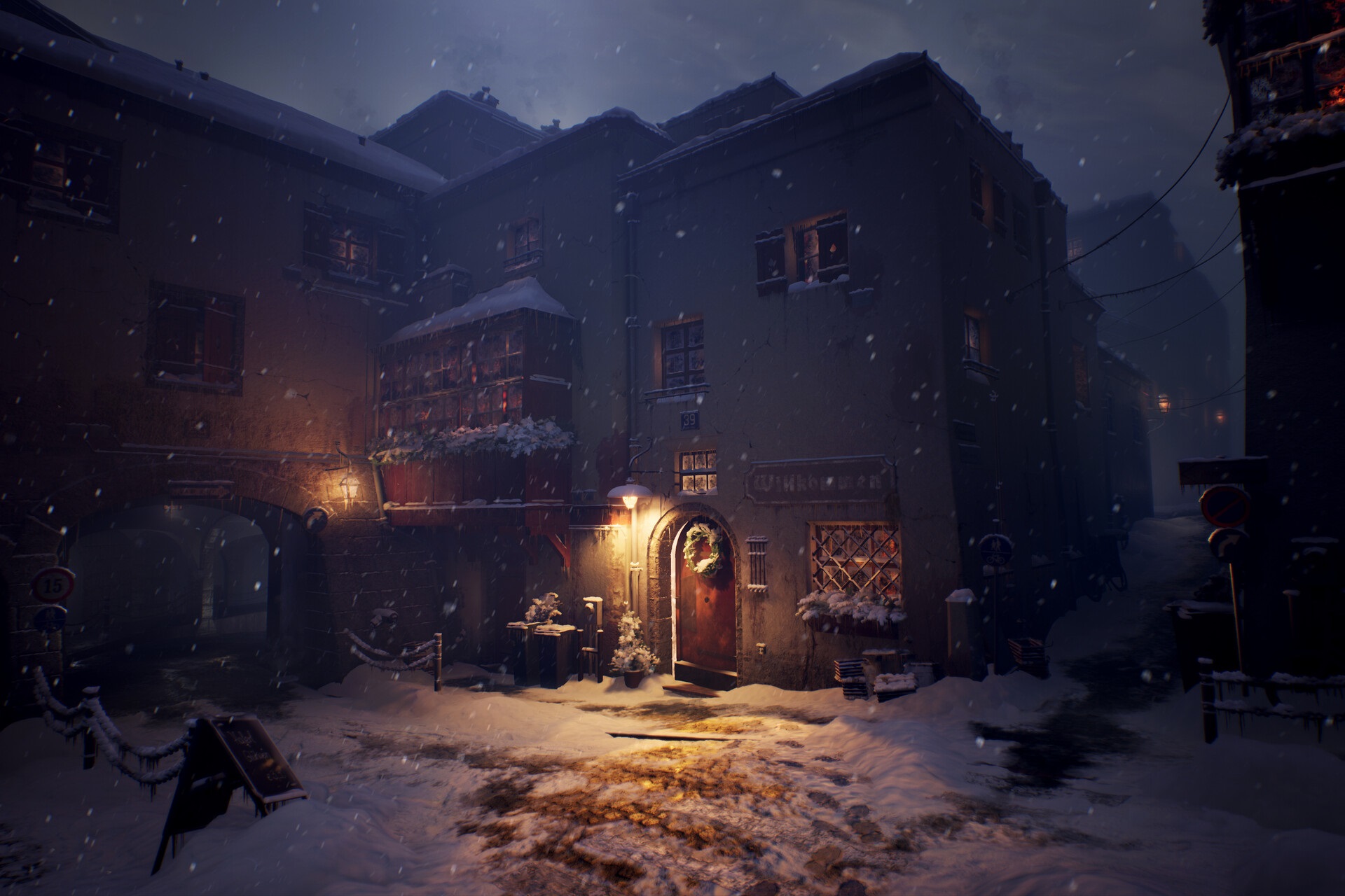 Winter Snow Snowing Snow Flakes Snow Covered Light Bulb Night Dark City Village Christmas Building H 1920x1280