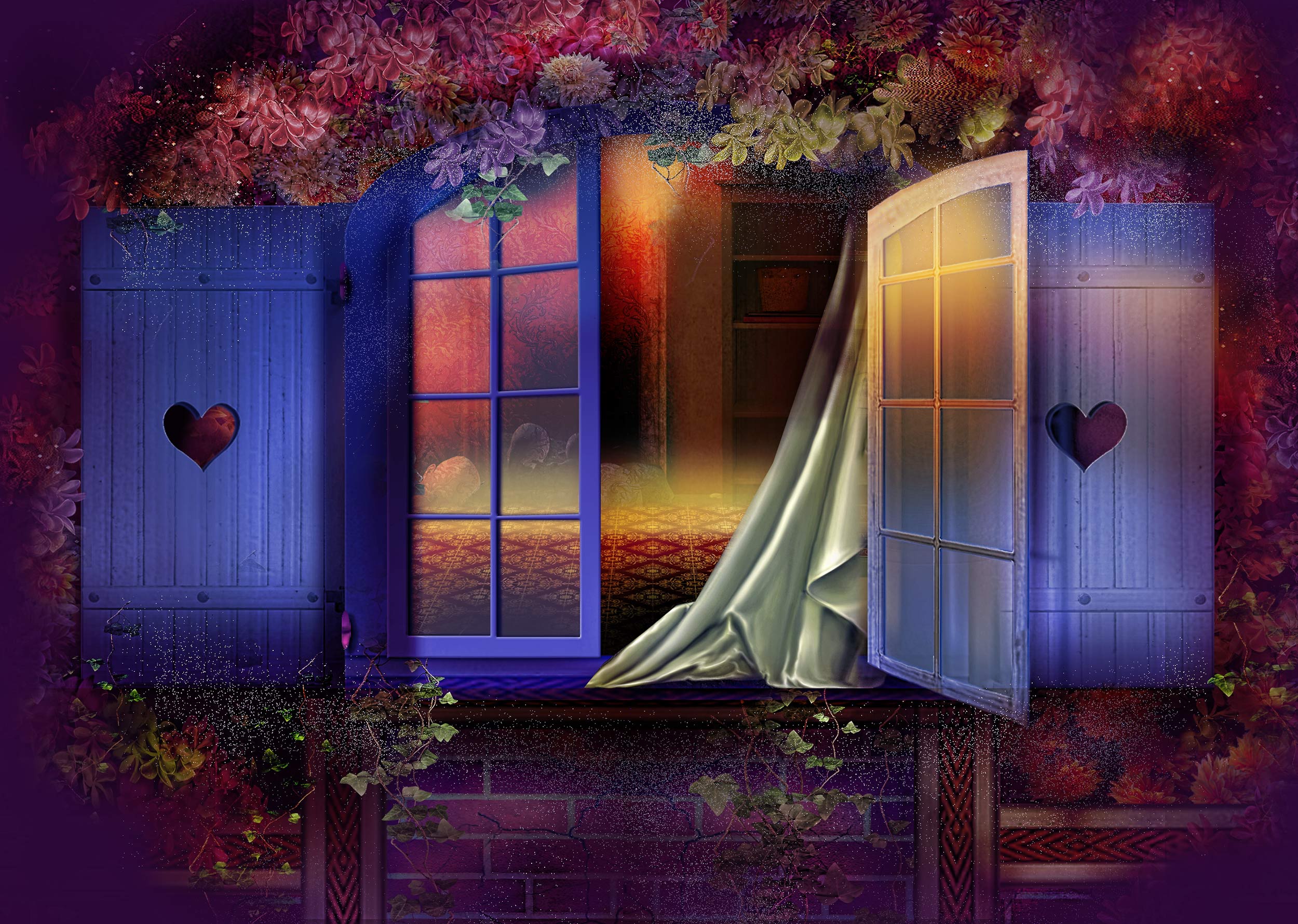Artistic Heart Night Shutters Spring Vine Window 2500x1780