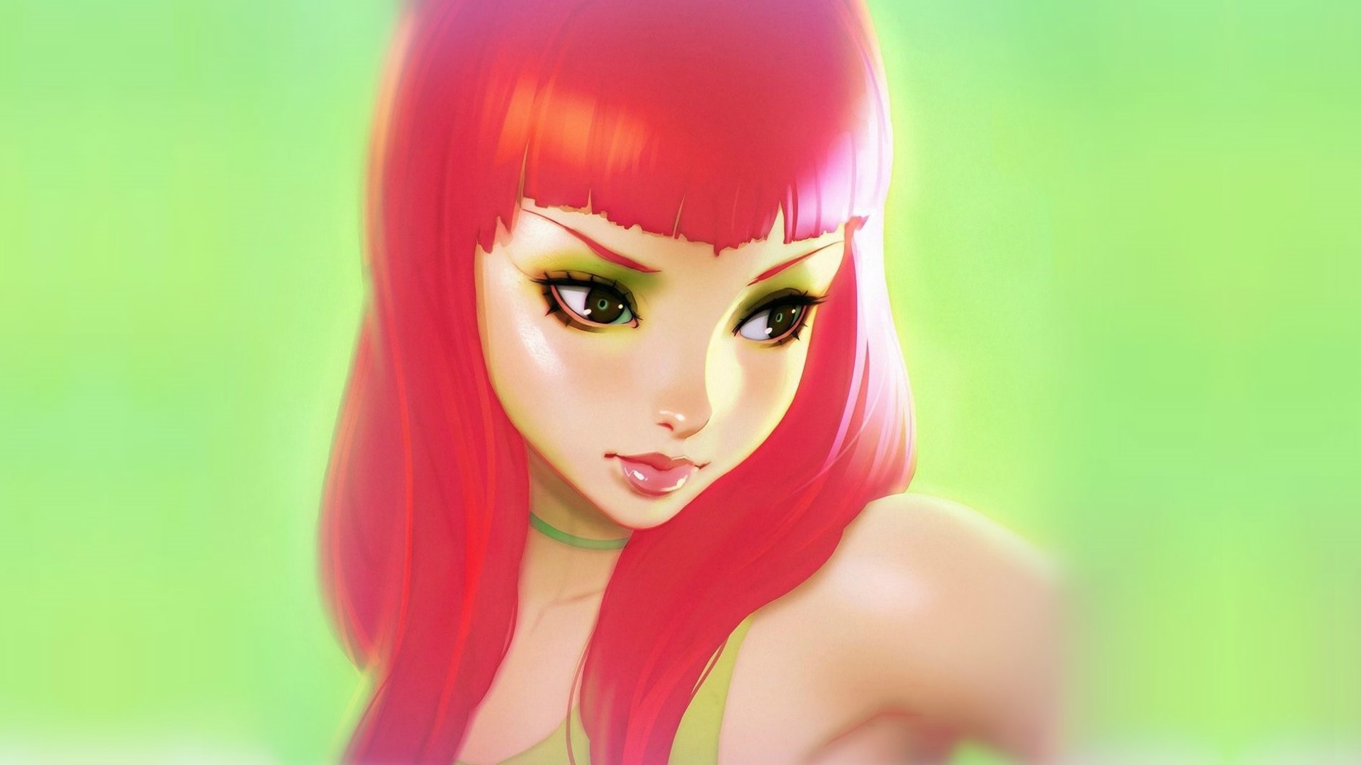 Redhead Anime Anime Girls Colorful Face Makeup Green Background Ilya Kuvshinov 1920x1080