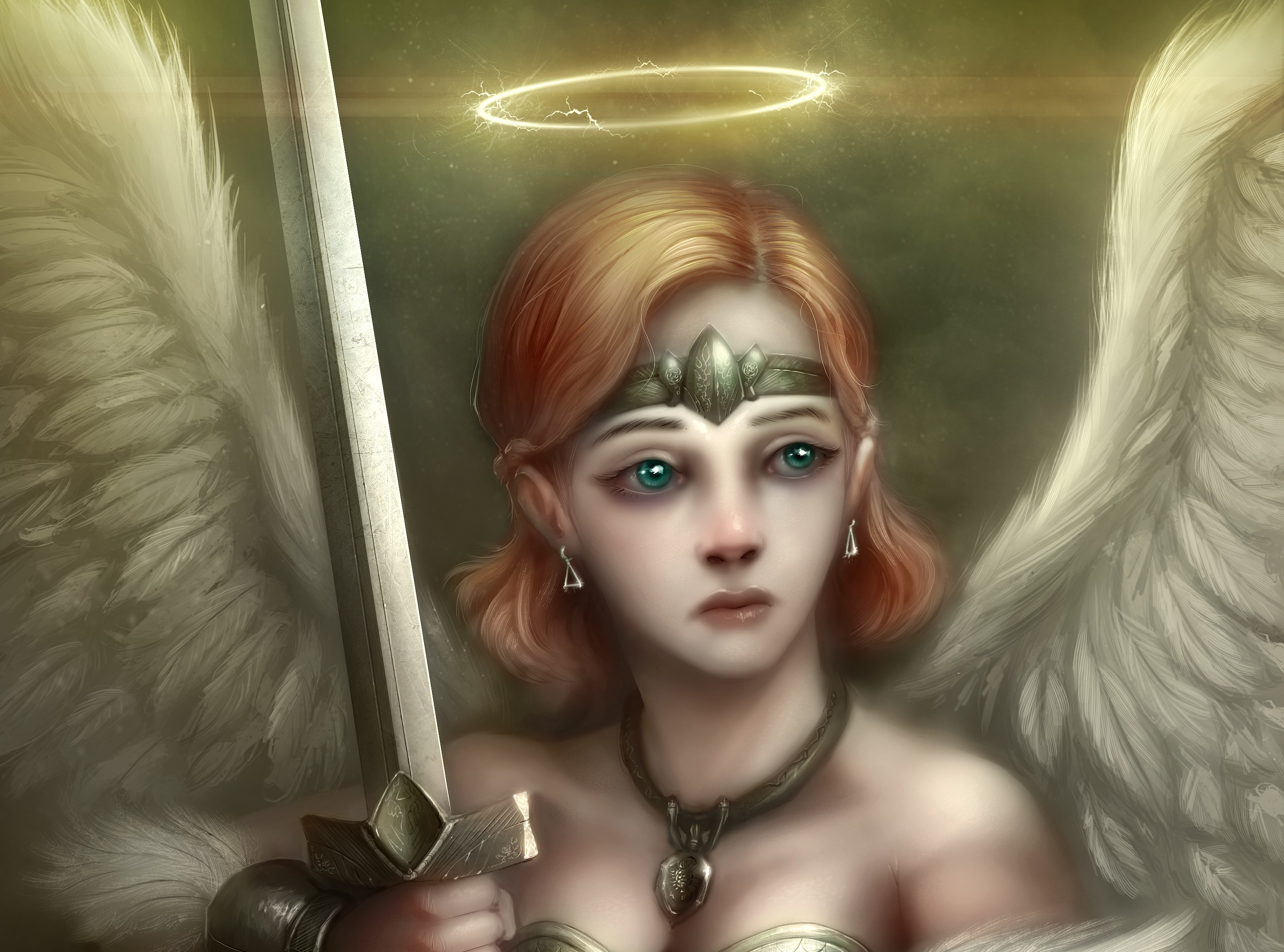 Angel Warrior Face Green Eyes Orange Hair Short Hair Sword Wings Woman Warrior 3000x2225