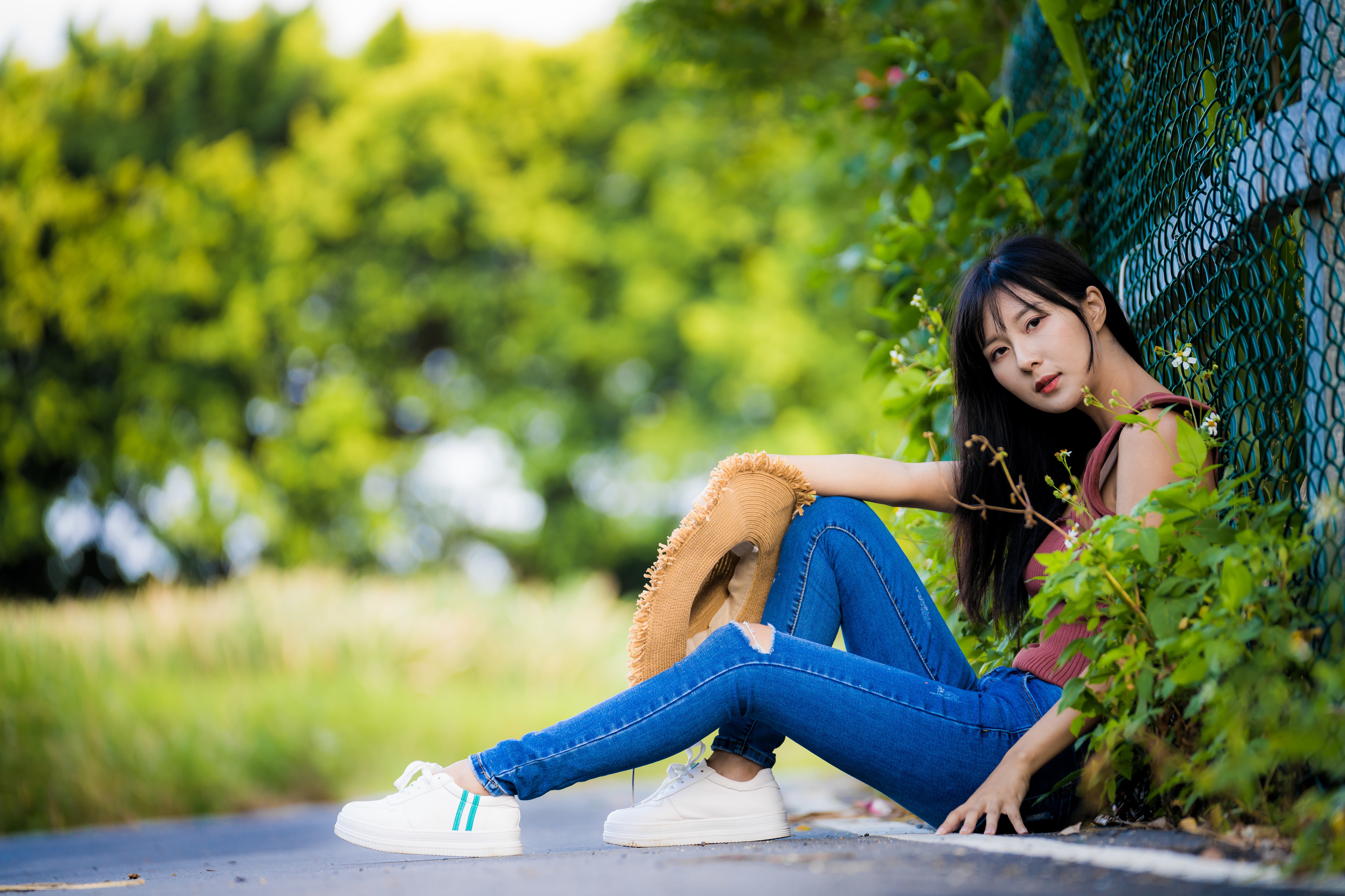 Asian Women Model Long Hair Brunette Sitting Depth Of Field Fence Skinny Jeans Sneakers Straw Hat Sh 4562x3041