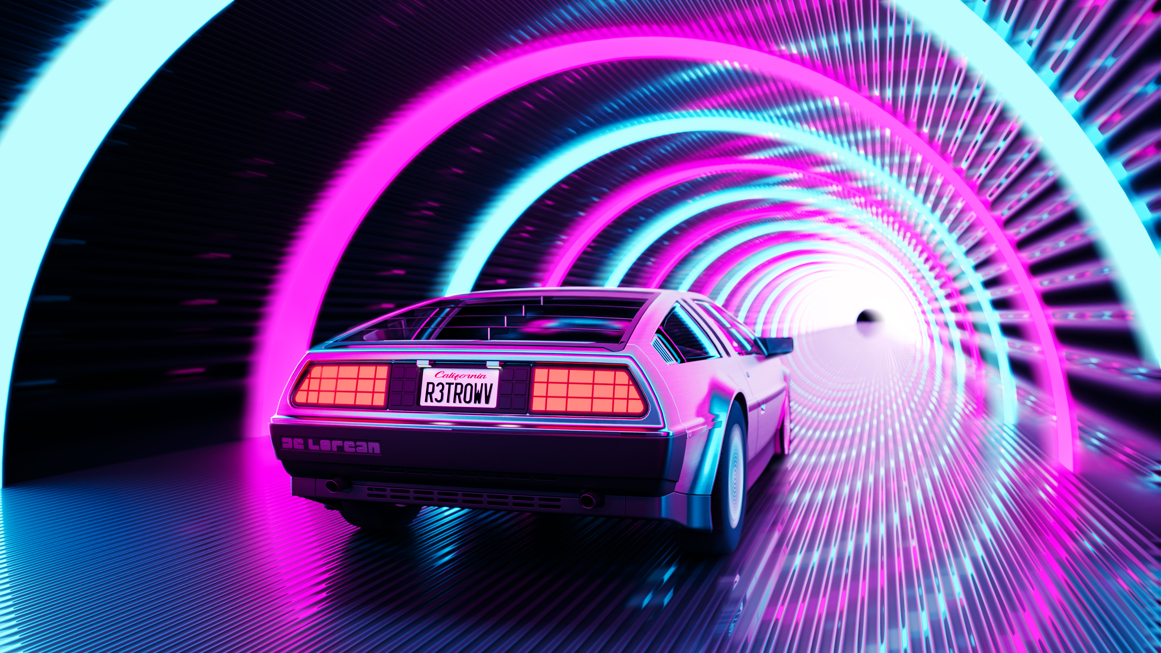 Car Artwork Retrowave Road Tunnel DeLorean DMC DeLorean 3840x2160