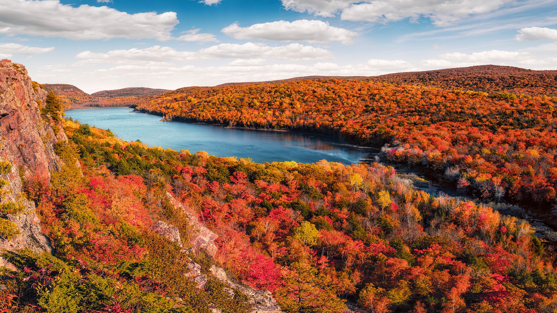 Nature Landscape Trees Rocks Mountains Clouds Sky Forest River Porcupine Mountains Michigan USA 1920x1080