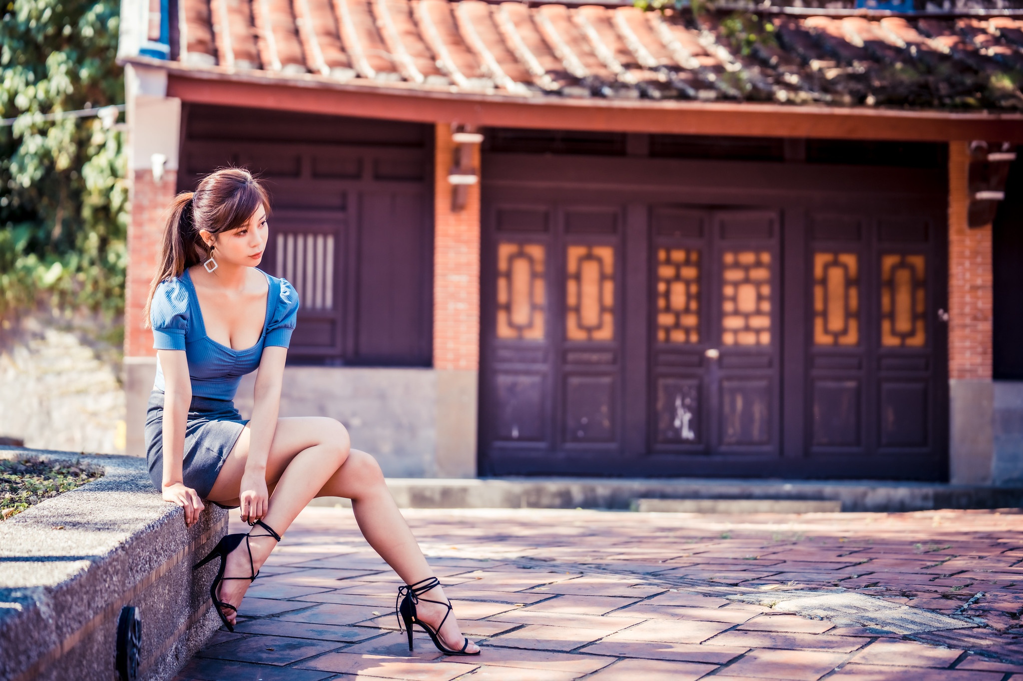 Asian Women Modding Long Hair Colette Brunel Sitting Skirt Blue Shirt Ponytail Heels Building 2048x1365