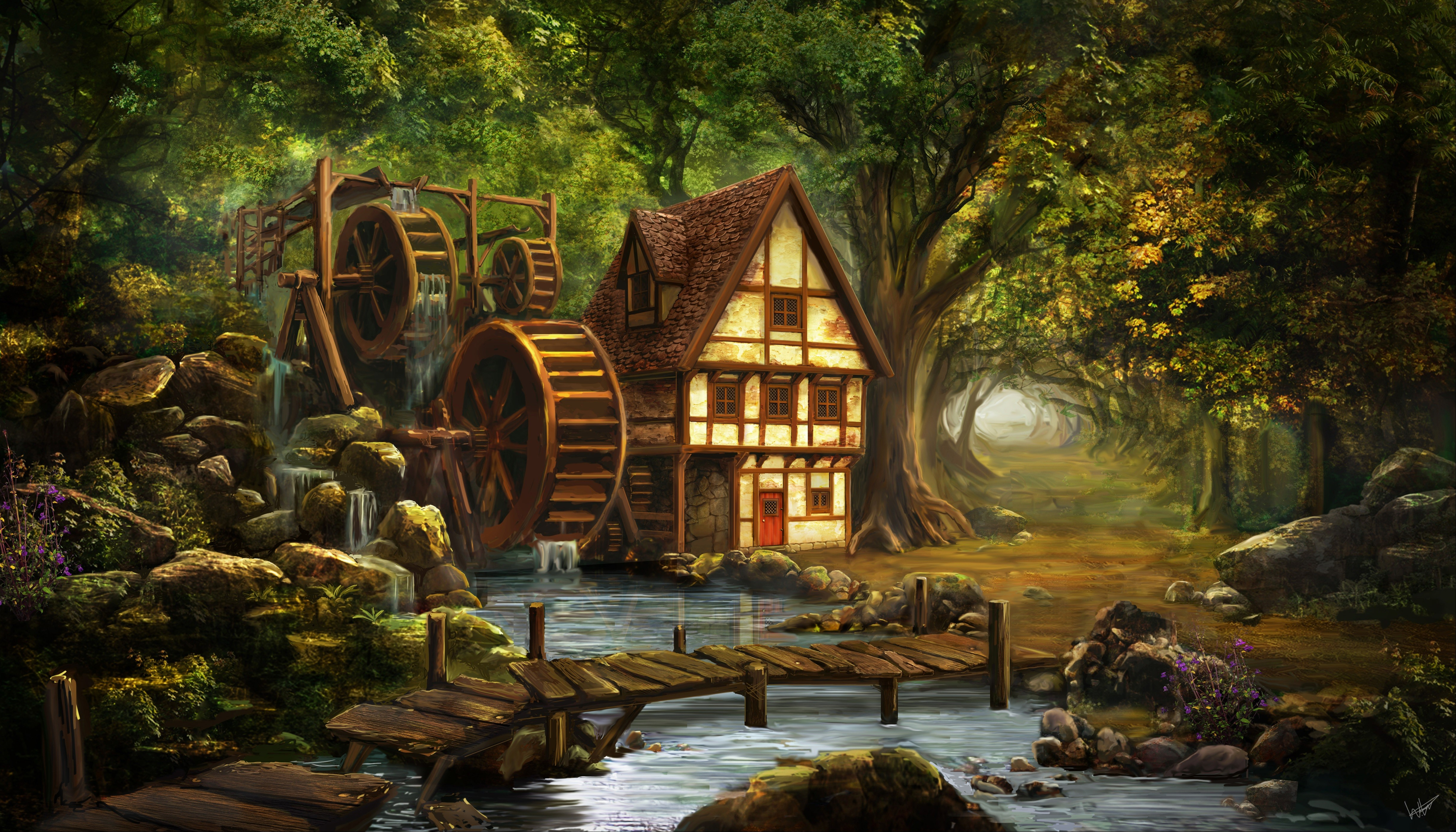Bridge Forest Painting Tree Watermill 4881x2788