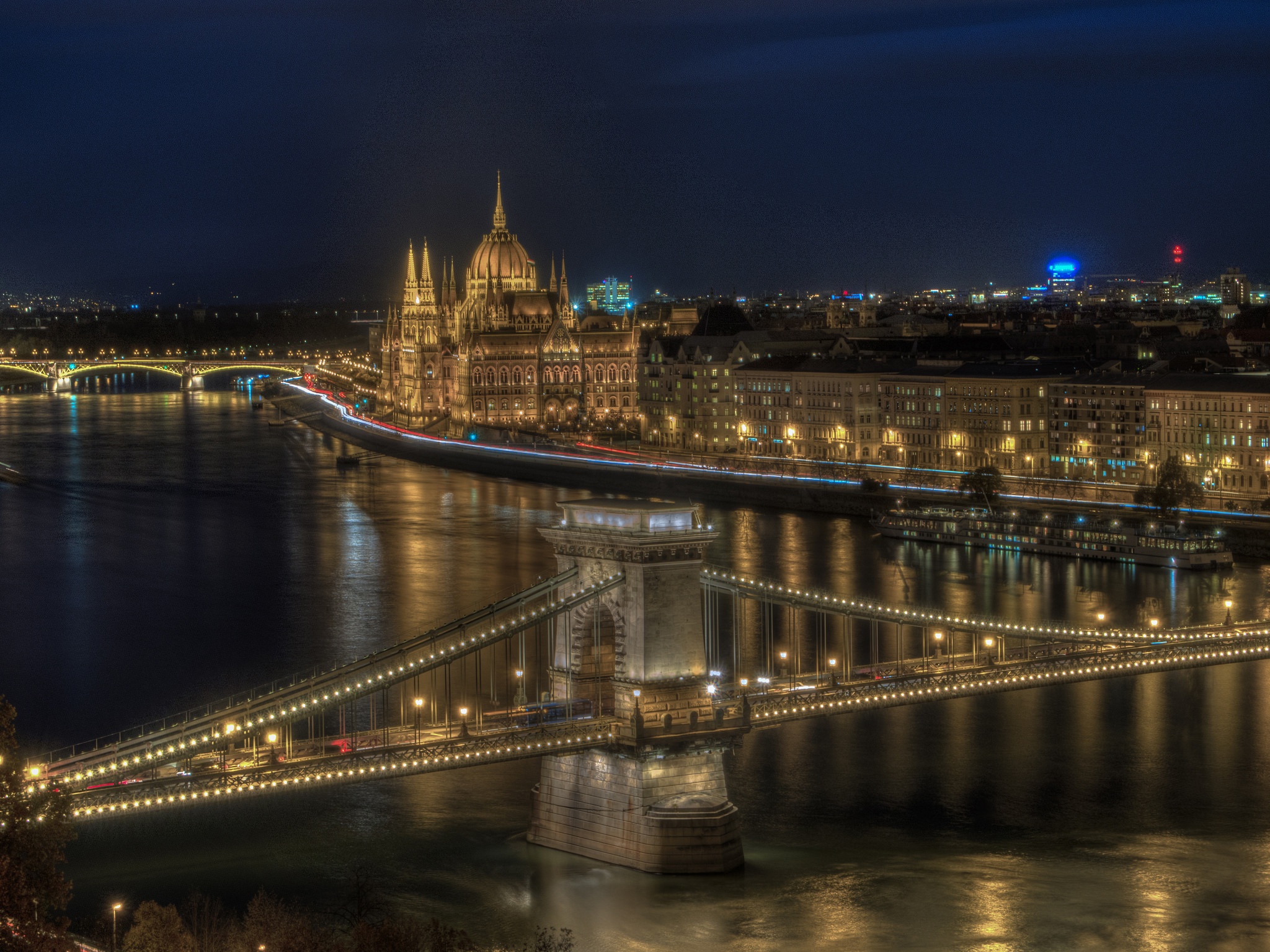 Bridge Budapest Building Chain Bridge City Danube Hungarian Parliament Building Hungary Night River 2048x1536