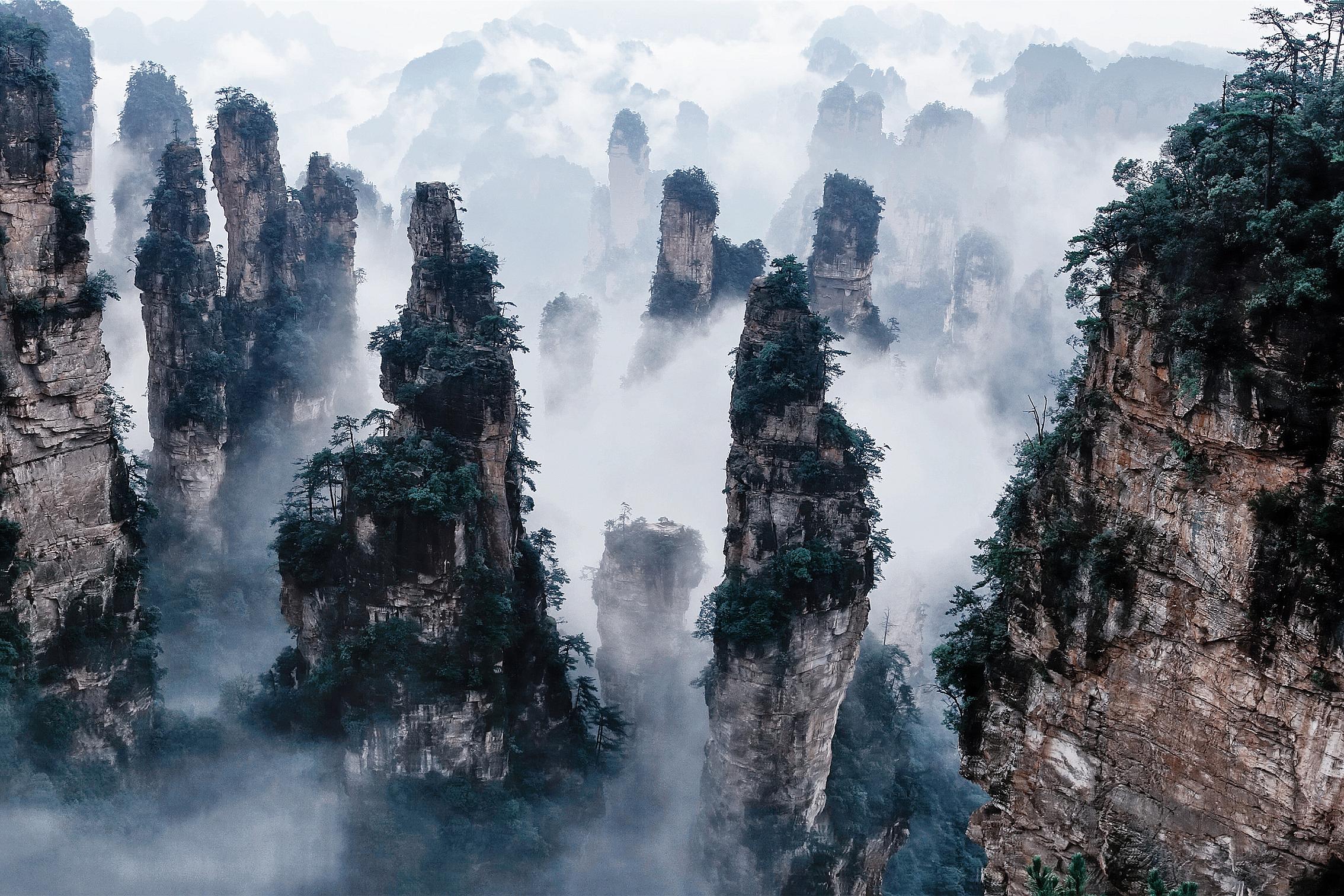 China Cliff Earth Fog Landscape Rock Tree Zhangjiajie National Park 2268x1512