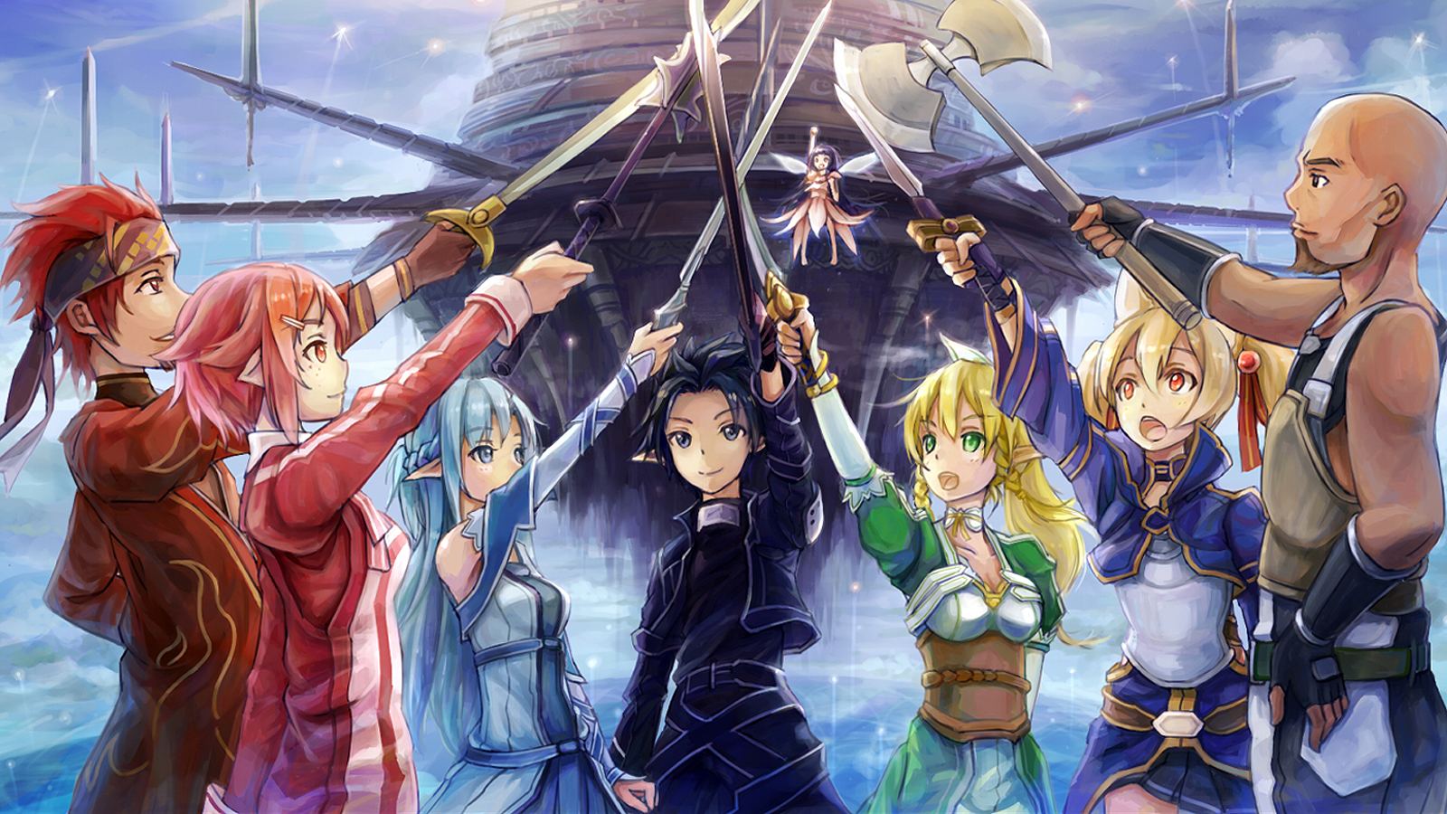 Agil Sword Art Online Asuna Yuuki Axe Blonde Blue Eyes Fairy Green Eyes Kirito Sword Art Online Klei 1600x900