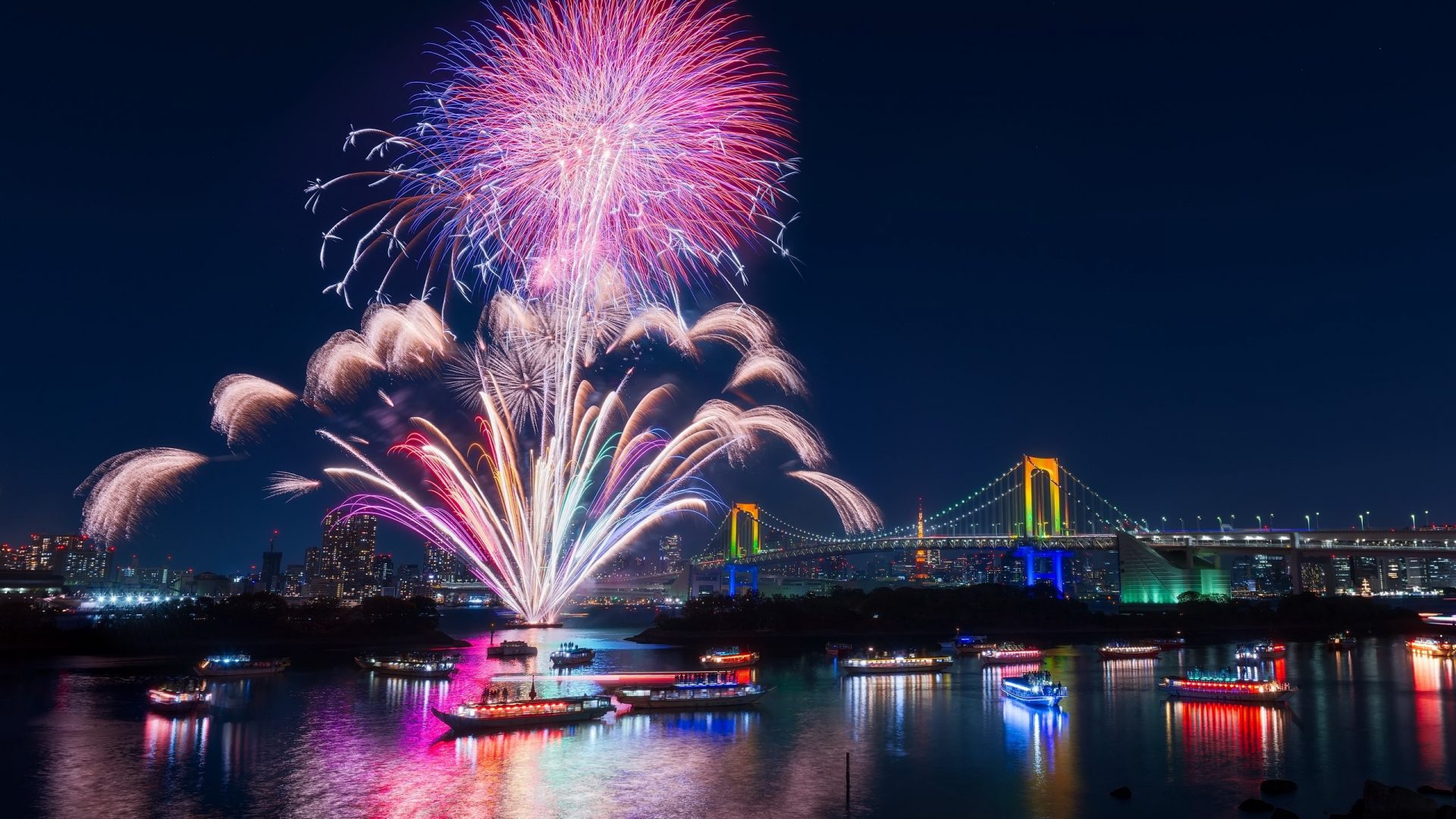 Bridge City Fireworks Japan Night Rainbow Bridge Tokyo 1920x1080