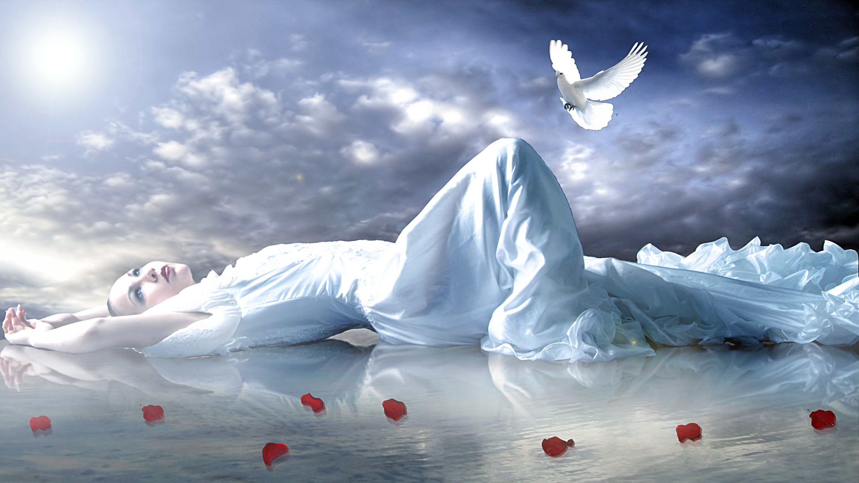 Artistic Cloud Dove Girl Lying Down Petal White Dress Woman 2732x1536