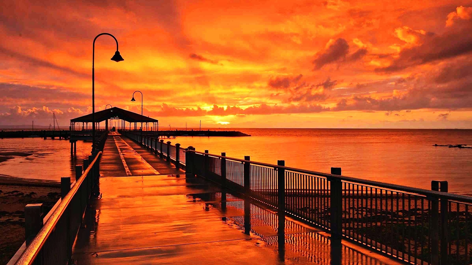 Australia Horizon Man Made Ocean Pier Queensland Sky Sunrise Sunset Orange Color 1920x1080