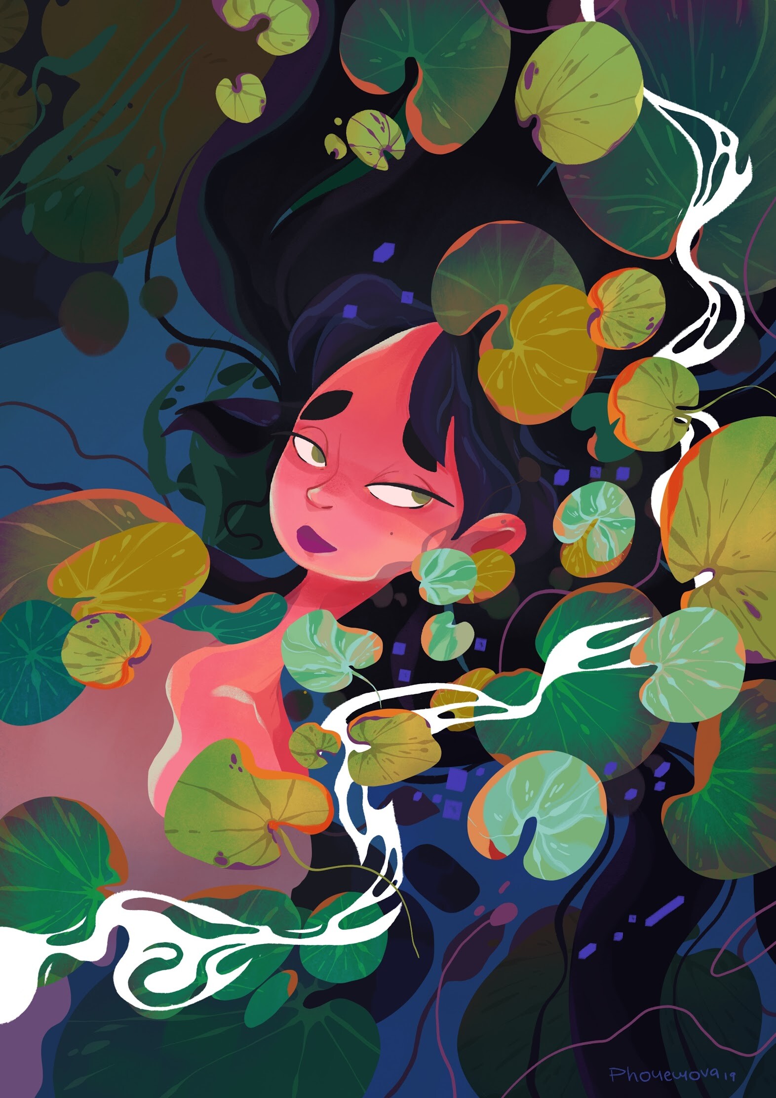 Vanessa Morales Illustration Colorful Women Brunette Long Hair Nature Water Plants Sheet River Artwo 1572x2224