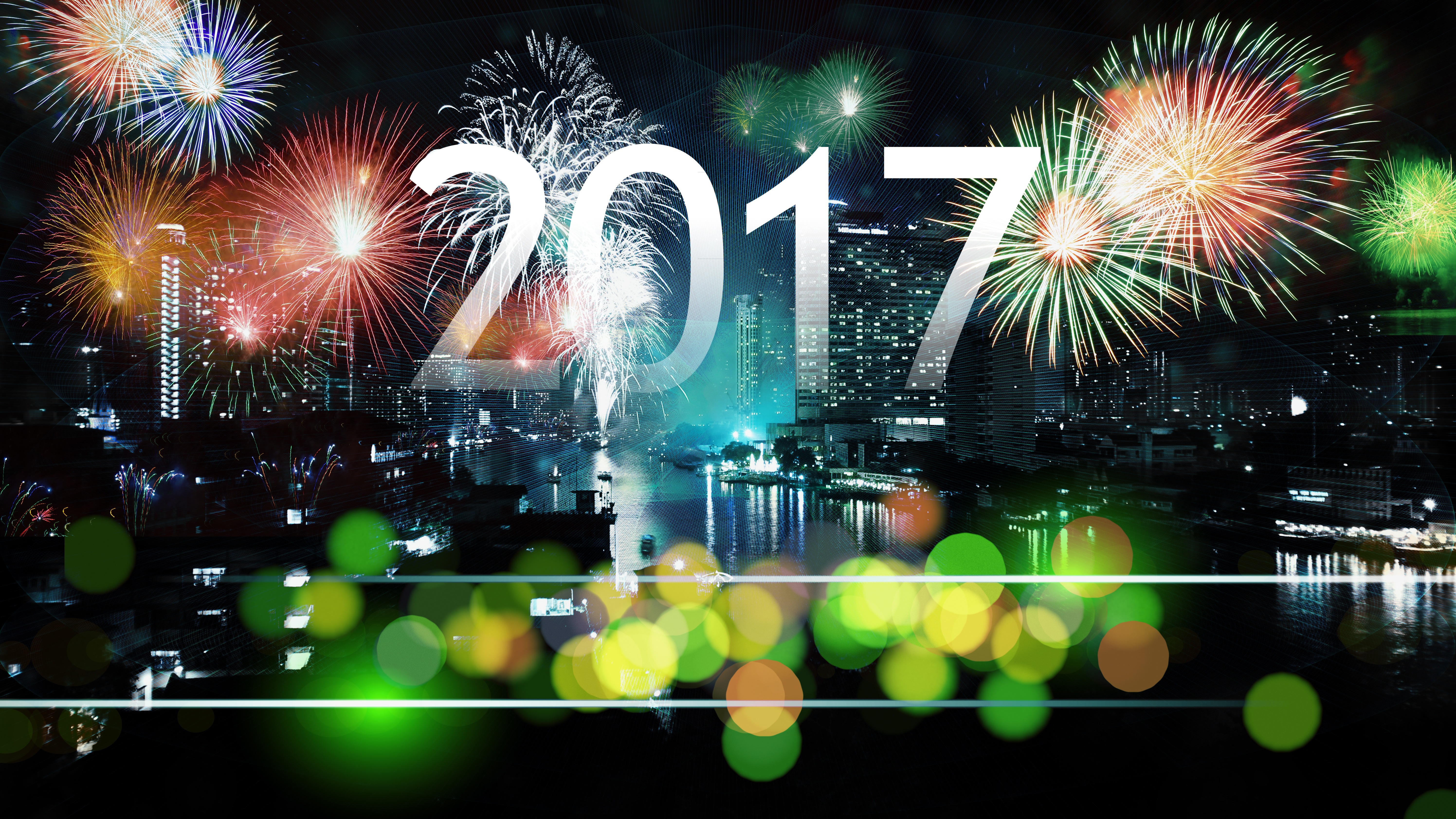 Bokeh City Fireworks New Year New Year 2017 Night 5984x3366
