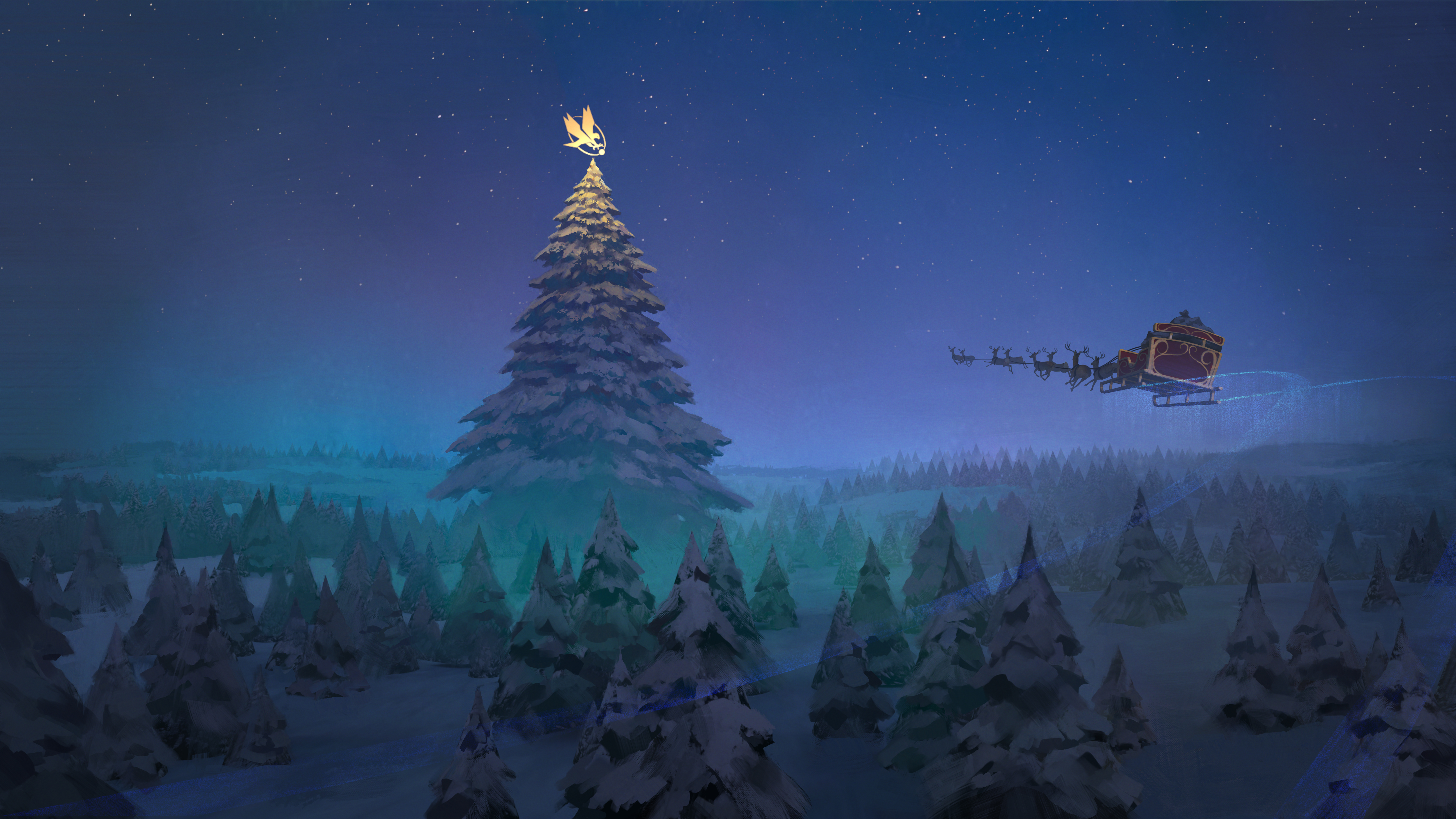 Christmas Reindeer Santa Claus Sleigh Snow Tree 5000x2813