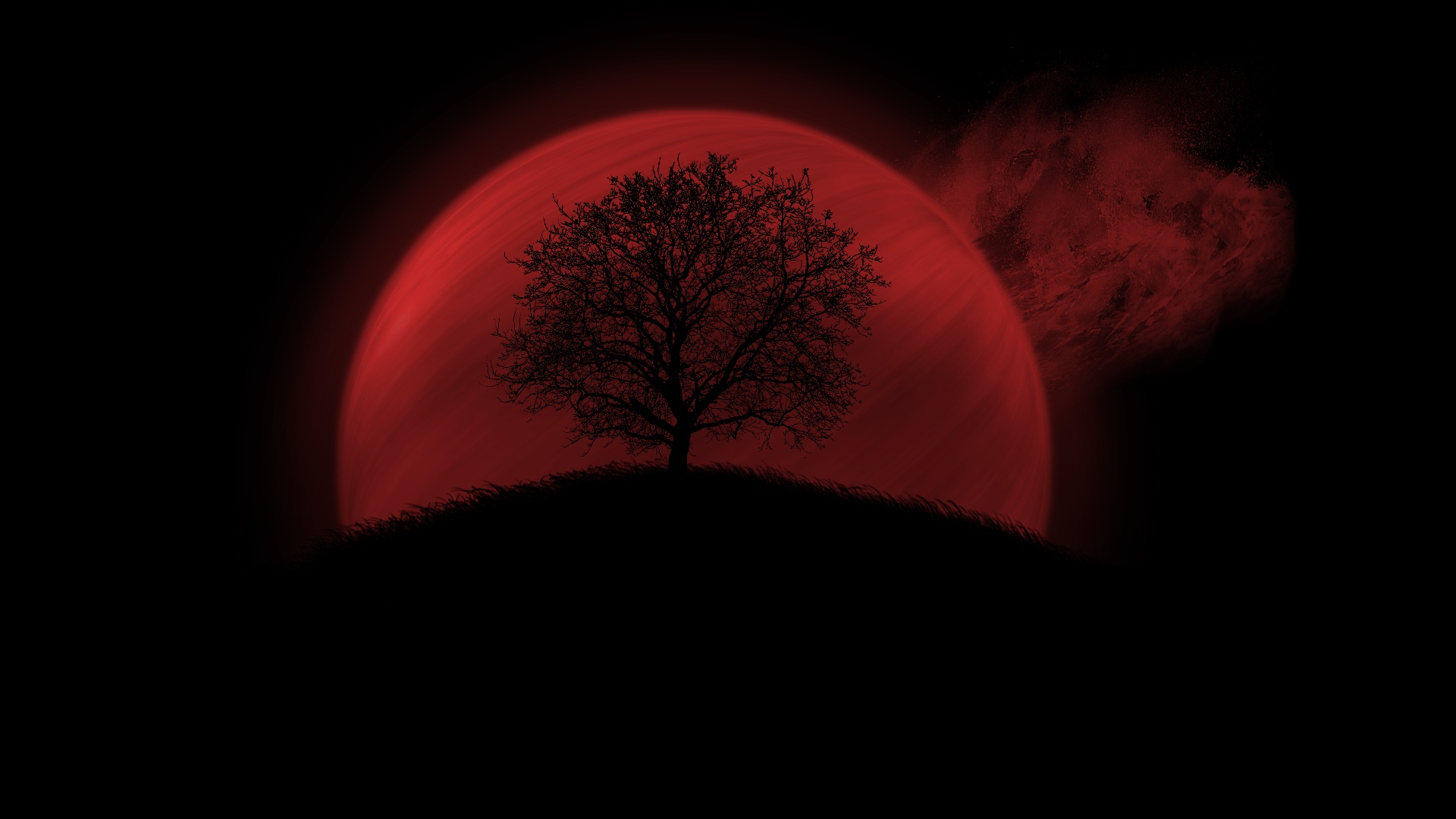 Artistic Blood Moon Moon Red Silhouette Tree 1920x1080