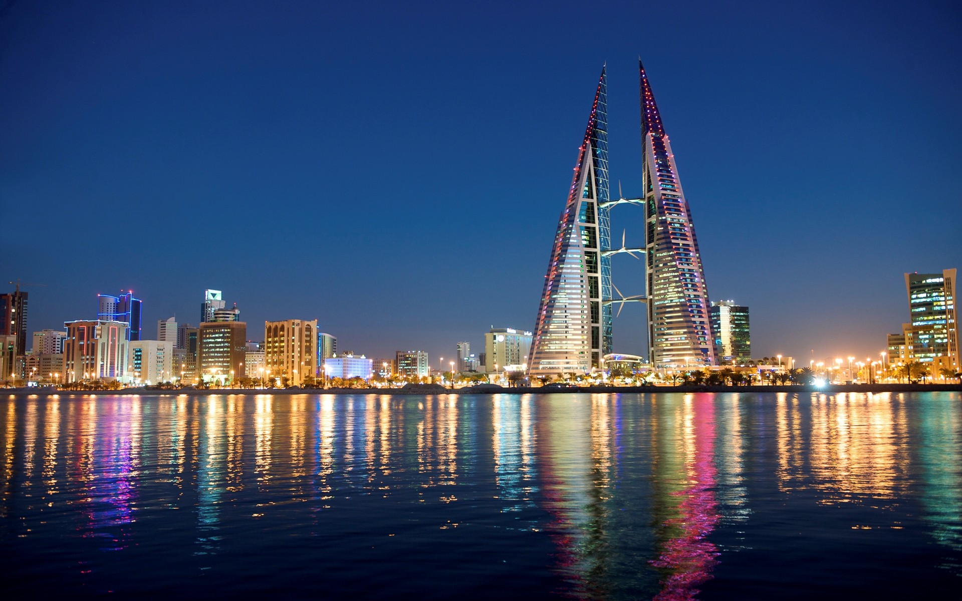 Bahrain Bahrain World Trade Center City Light Manama Night Reflection Skyscraper Water 1920x1200