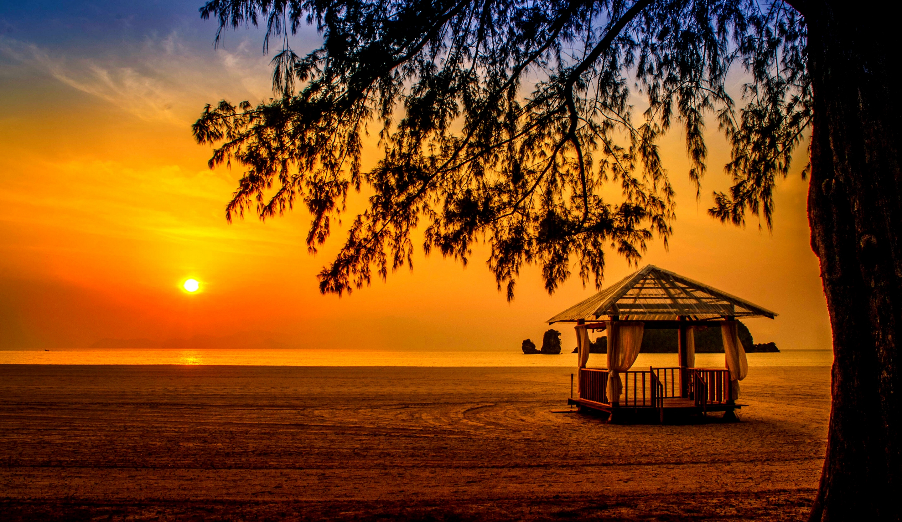 Beach Bungalow Golden Horizon Malaysia Silhouette Sunset Tropical Yellow 2880x1668