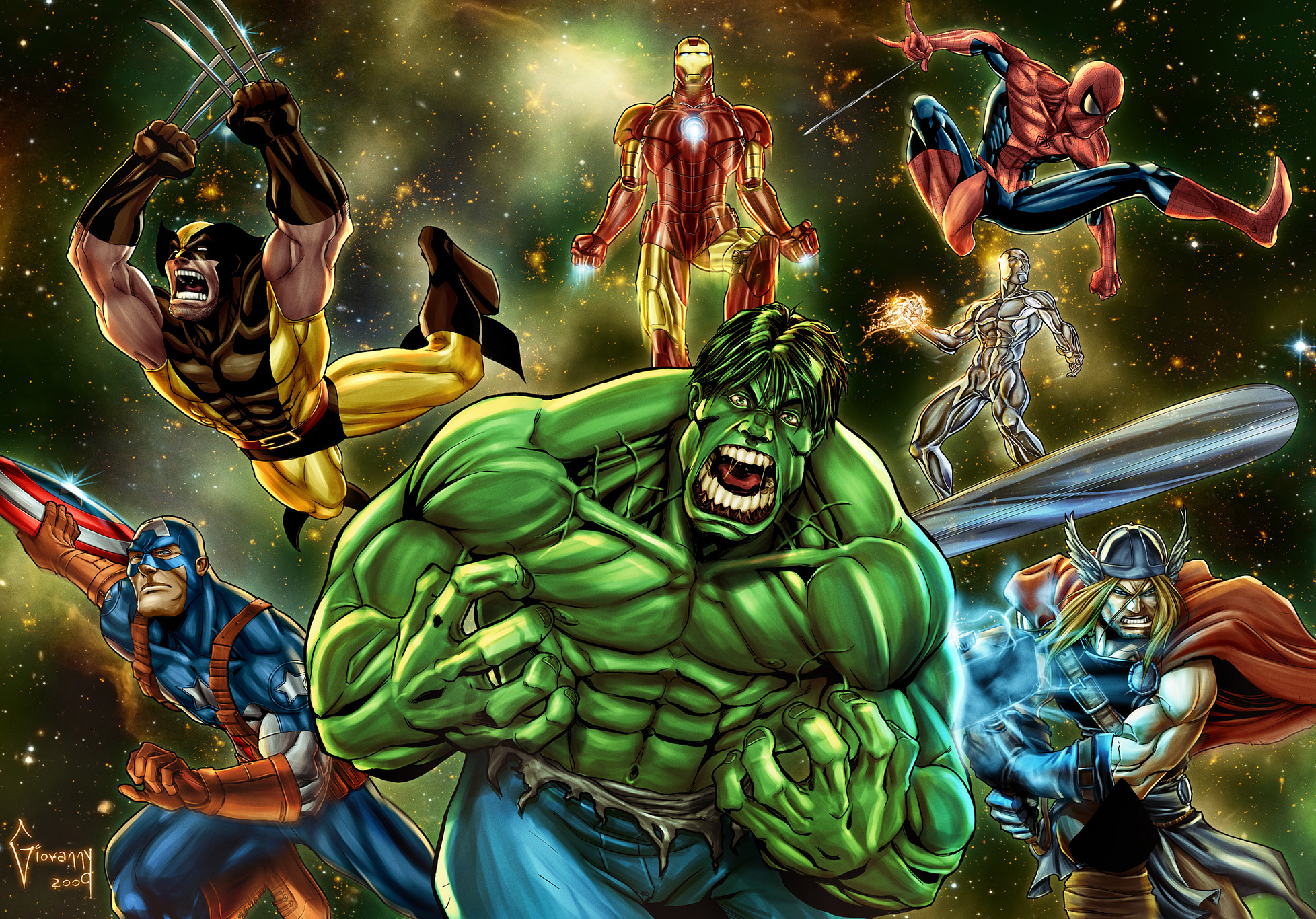 Captain America Hulk Iron Man Marvel Comics Silver Surfer Spider Man Thor Wolverine 1956x1366