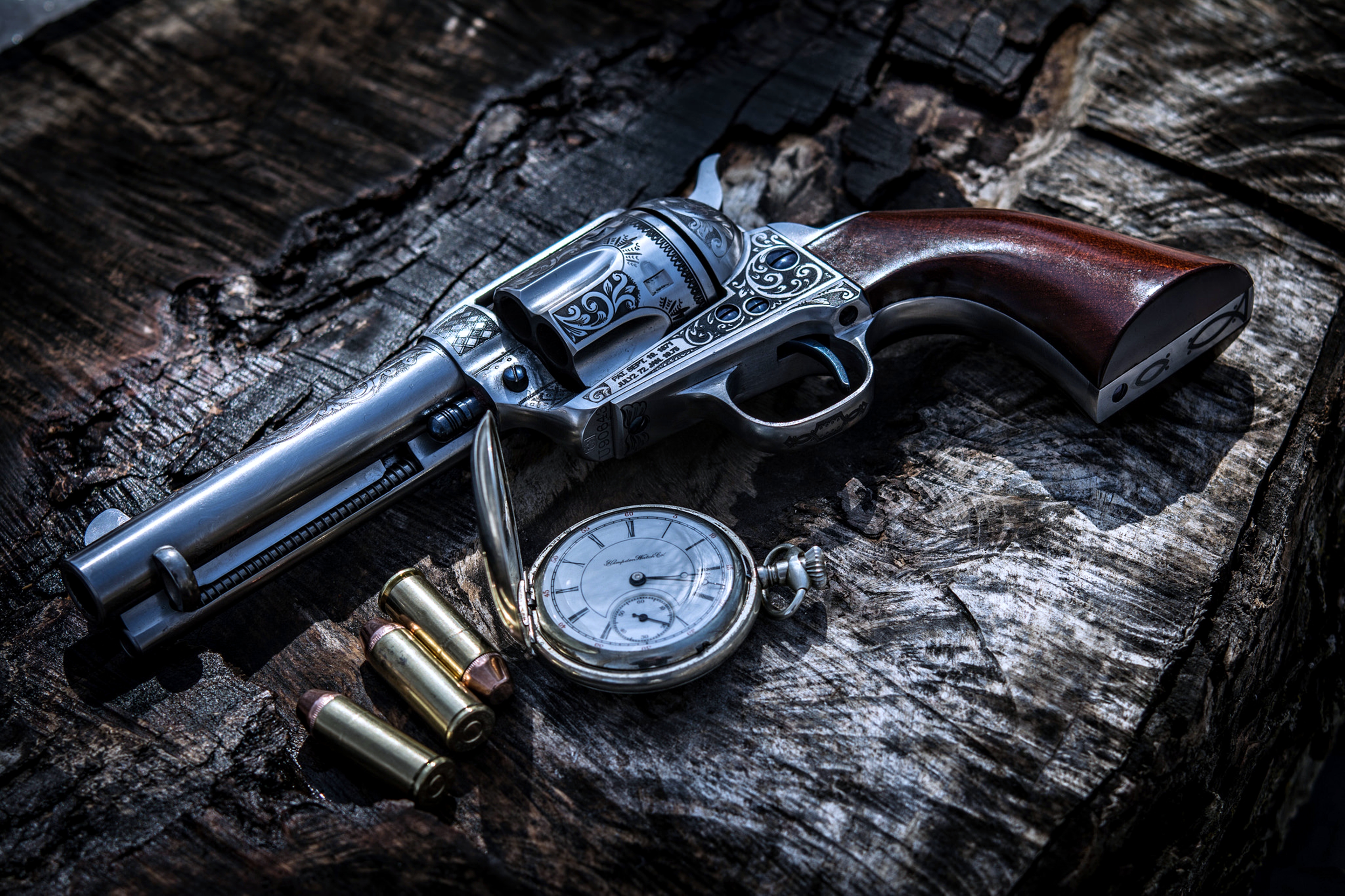 Gun Military Pistol Pocket Watch Revolver Still Life 3840x2559