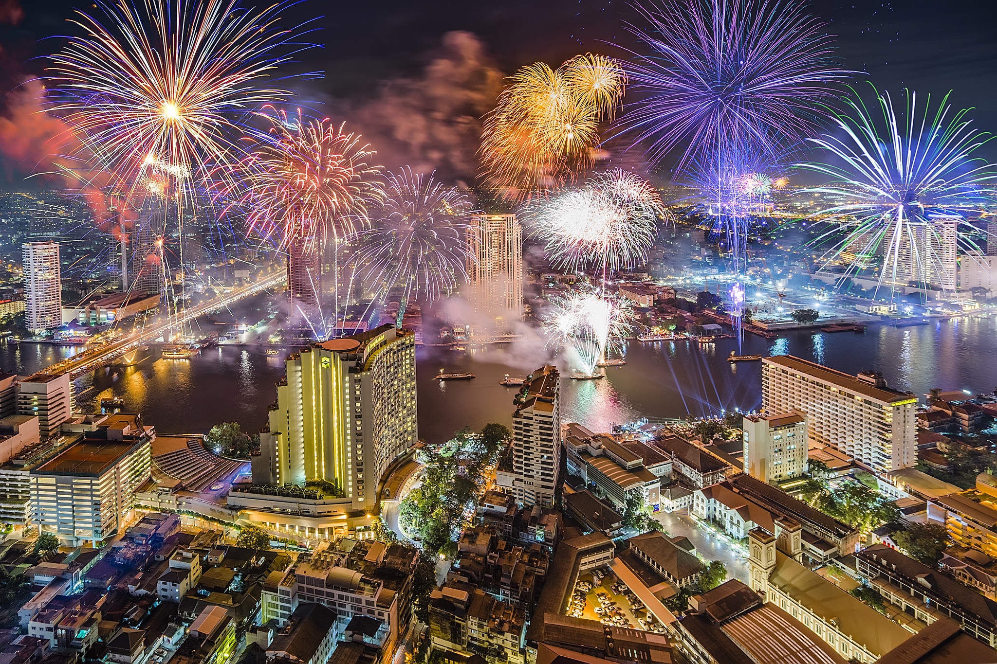 Bangkok Building City Cityscape Fireworks Night Thailand 2048x1365