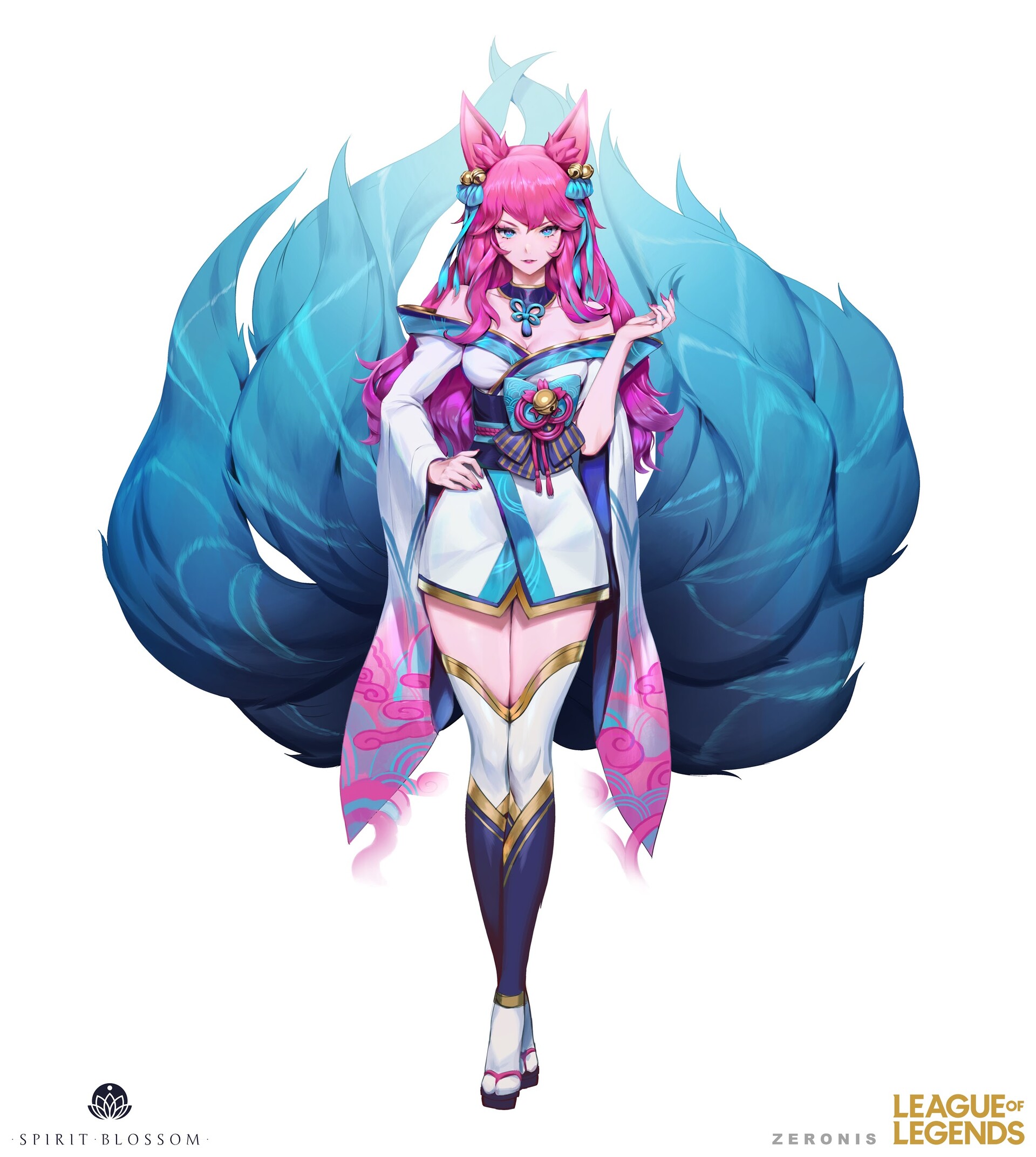 Drawing League Of Legends Women Ahri Ahri League Of Legends Fox Girl Pink Hair Nine Tails Dress Whit 1920x2145