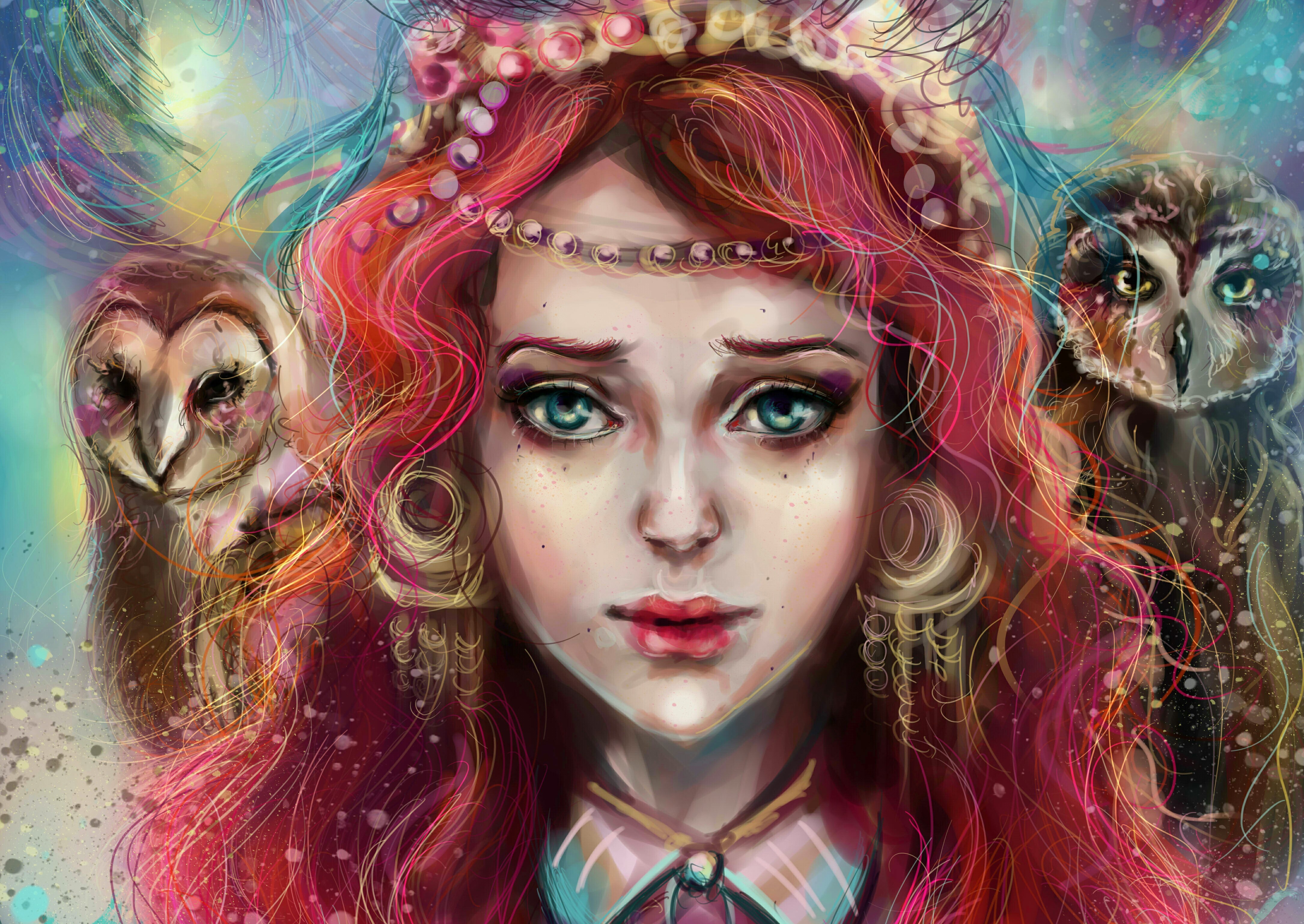 Anime Artistic Blue Eyes Face Fantasy Girl Owl Painting Red Hair Woman 4340x3075