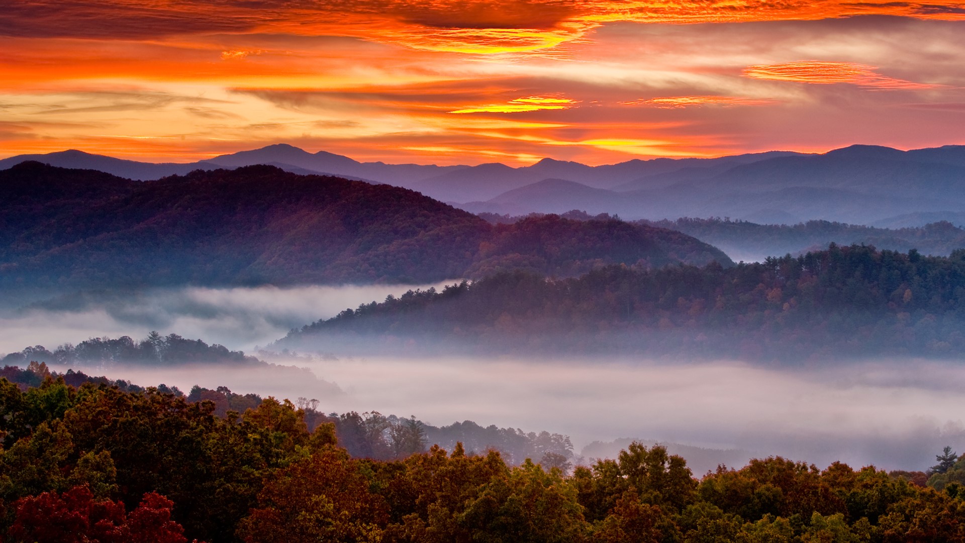 Nature Landscape Mountains Trees Mist Clouds Smoky Mountains Sunrise Tennessee USA 1920x1080