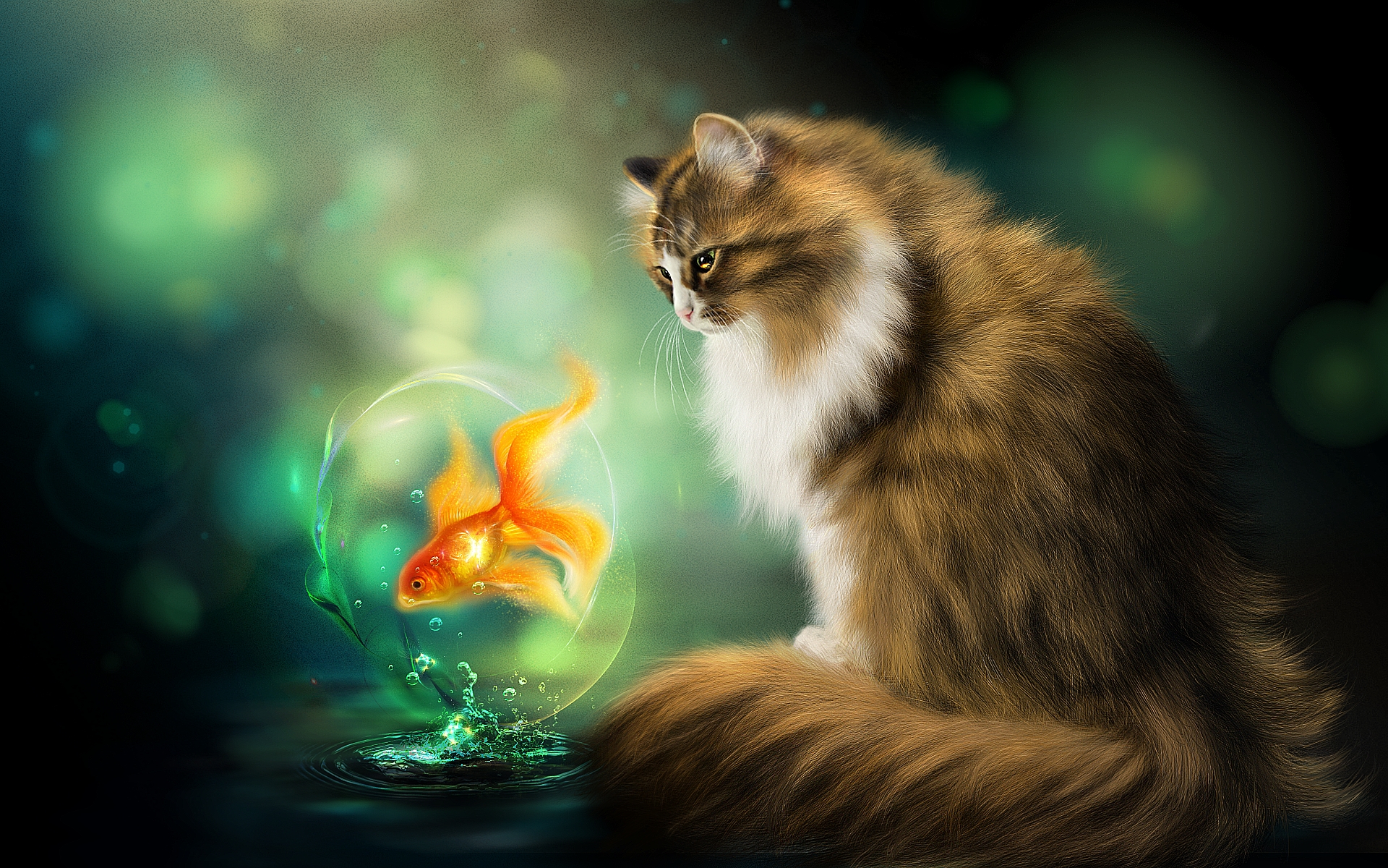 Artistic Cat Goldfish Painting 1920x1200
