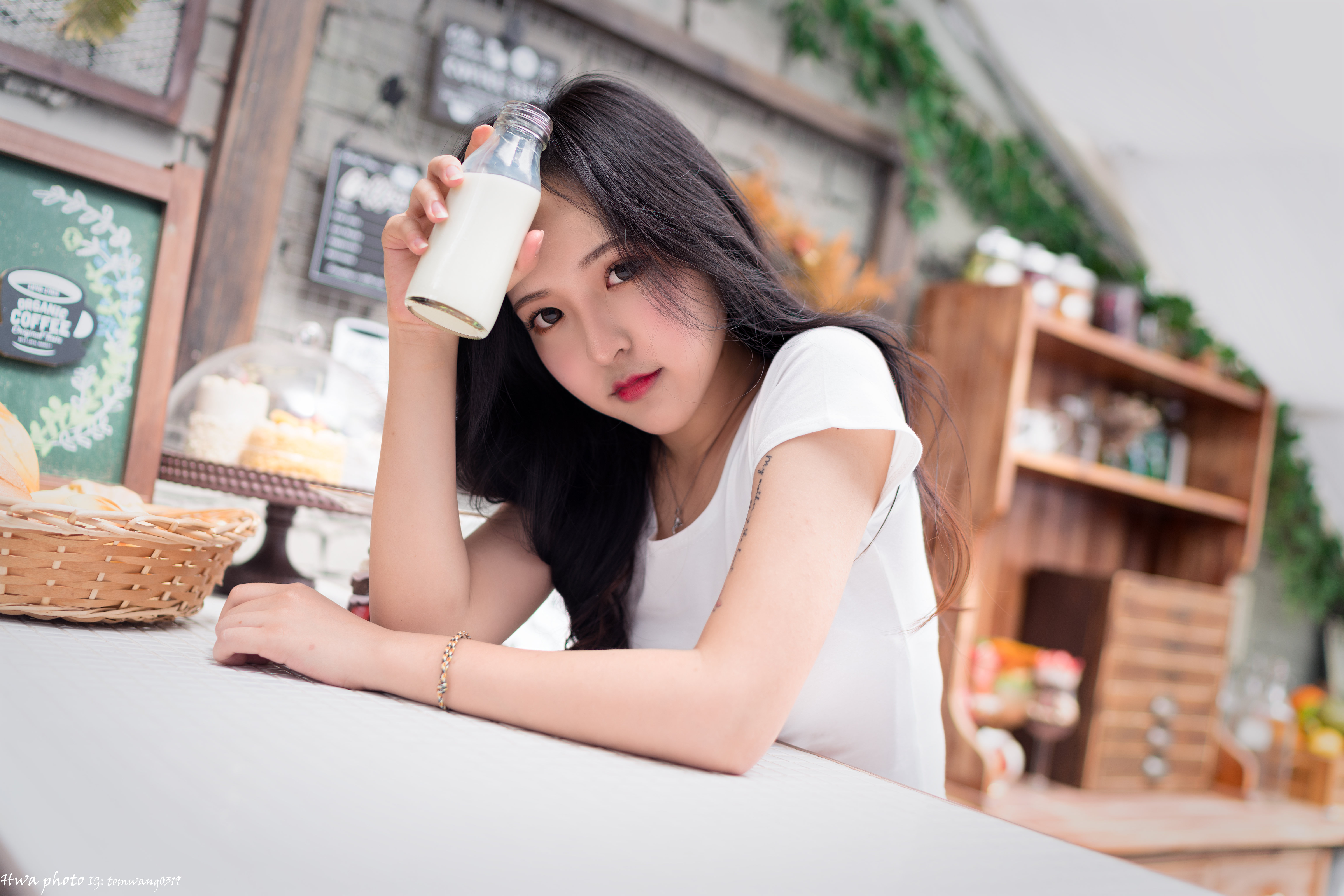 Asian Model Women Long Hair Brunette Sitting Milk T Shirt Table Cupboard Bracelets Cake Signs 6144x4098