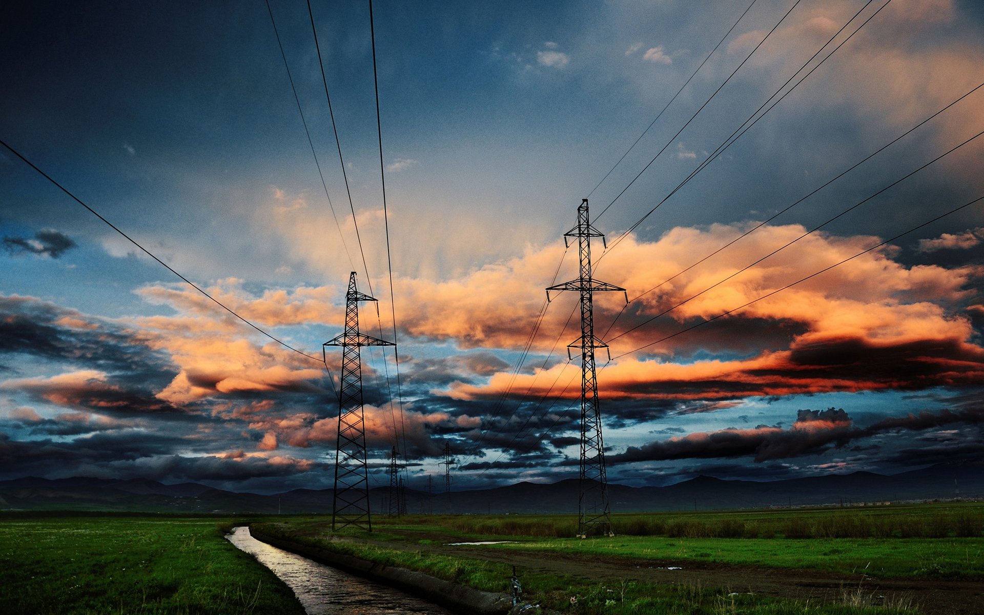 Cloud Earth Field Power Line Road Sunset 1920x1200