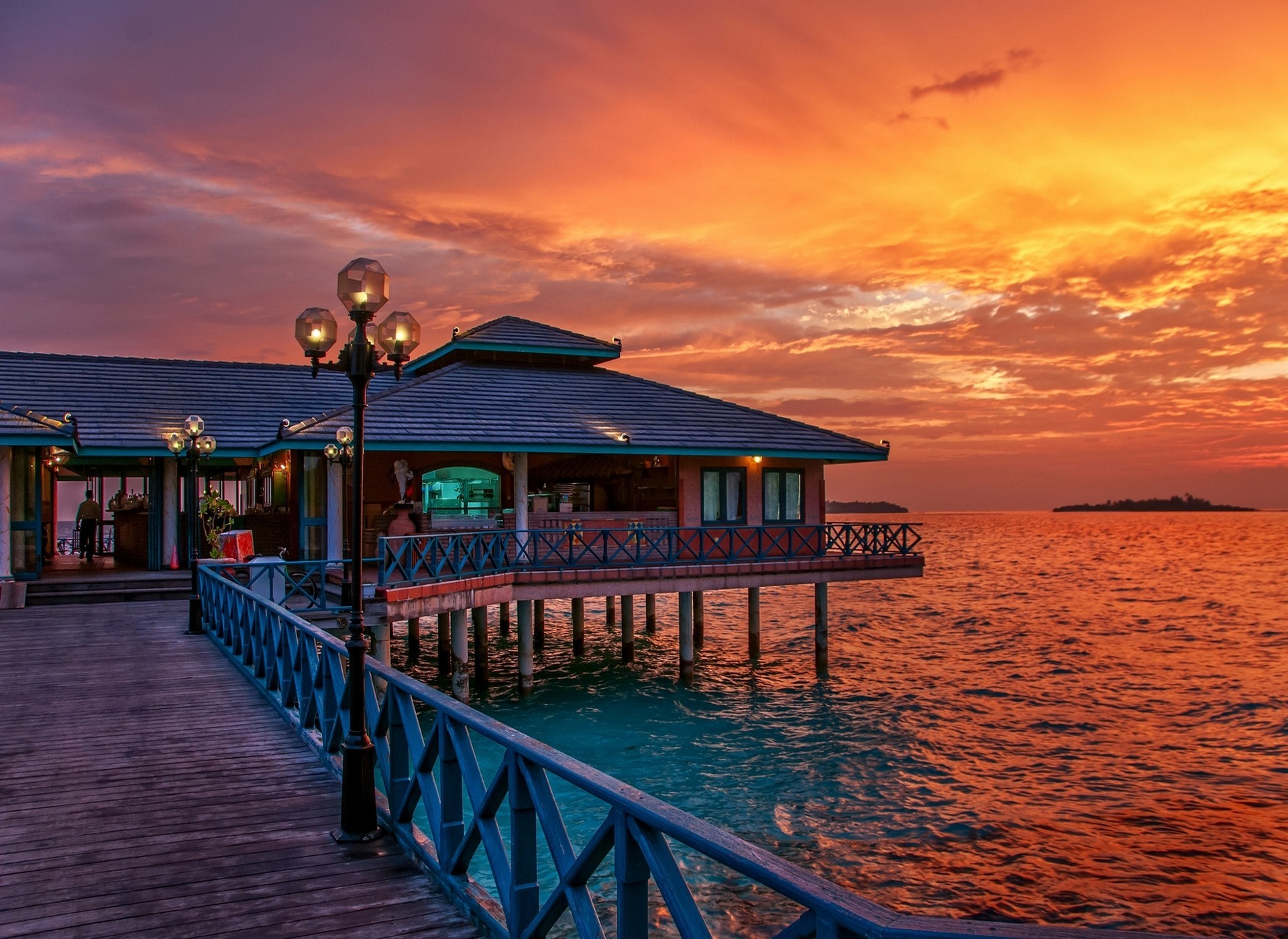 Dusk Maldives Man Made Ocean Restaurant Sea Sunset Tropical 1920x1400