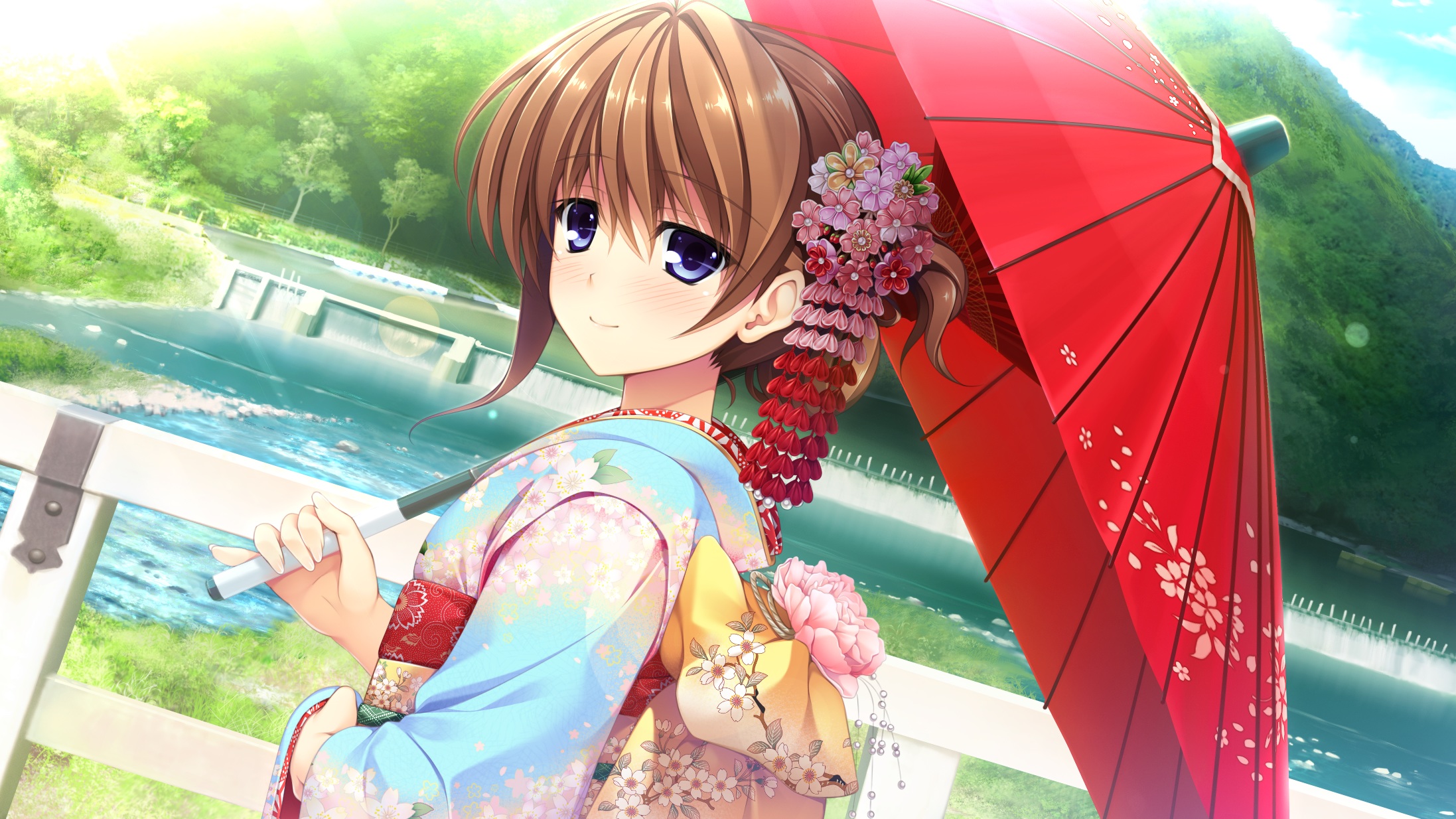 Blue Eyes Blush Brown Hair Chitose Hayase Flower Japanese Clothes Pretty X Cation 2 Short Hair Smile 2194x1234