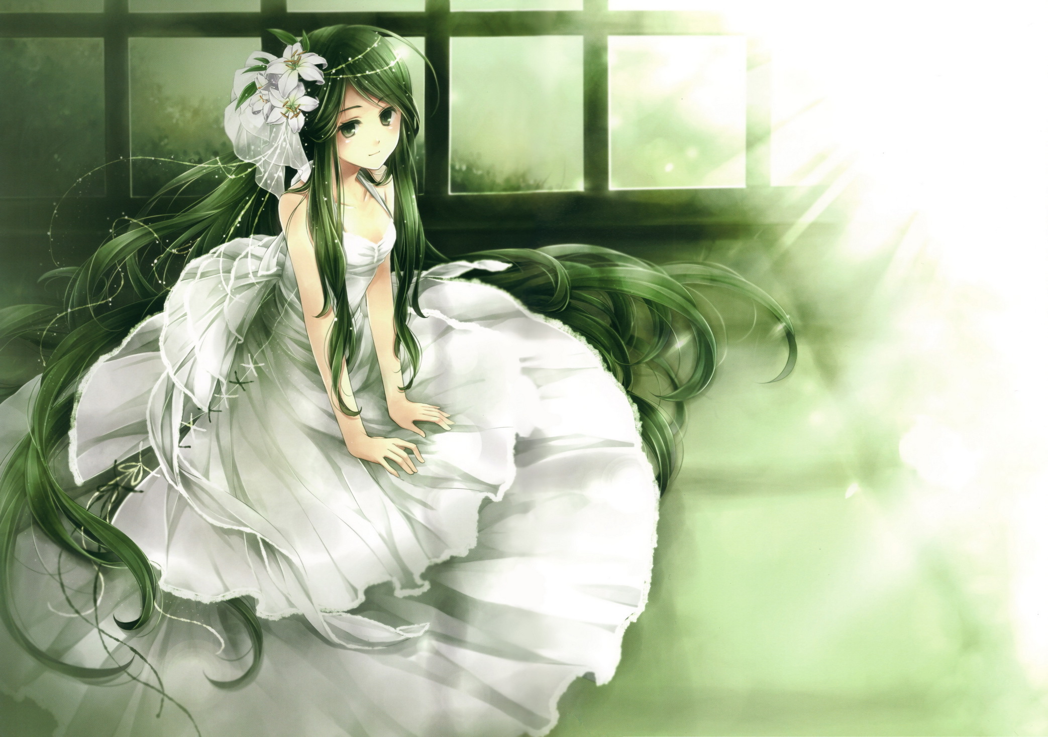 Bride Dress Girl Green Eyes Green Hair Wedding 2086x1468