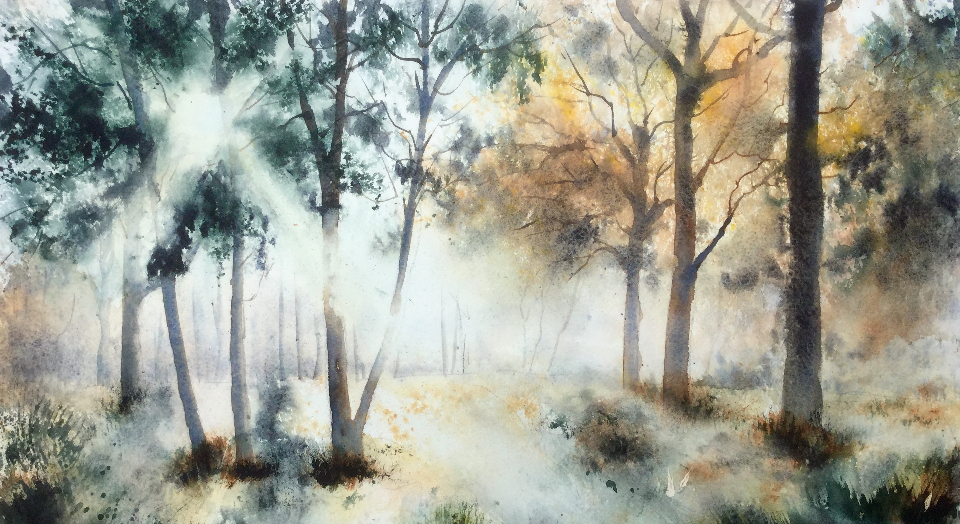 Forest Nature Sunbeam Tree Watercolor 3120x1704