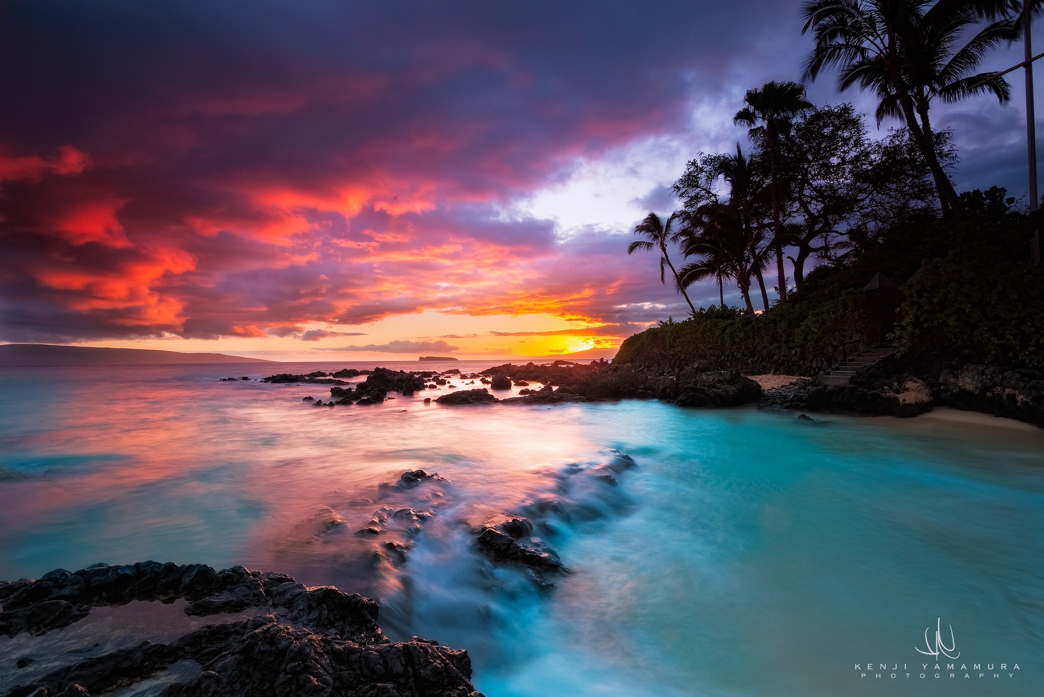 Beach Cloud Earth Nature Ocean Palm Tree Pink Purple Rock Sky Sunset Tropical Tropics 2048x1367