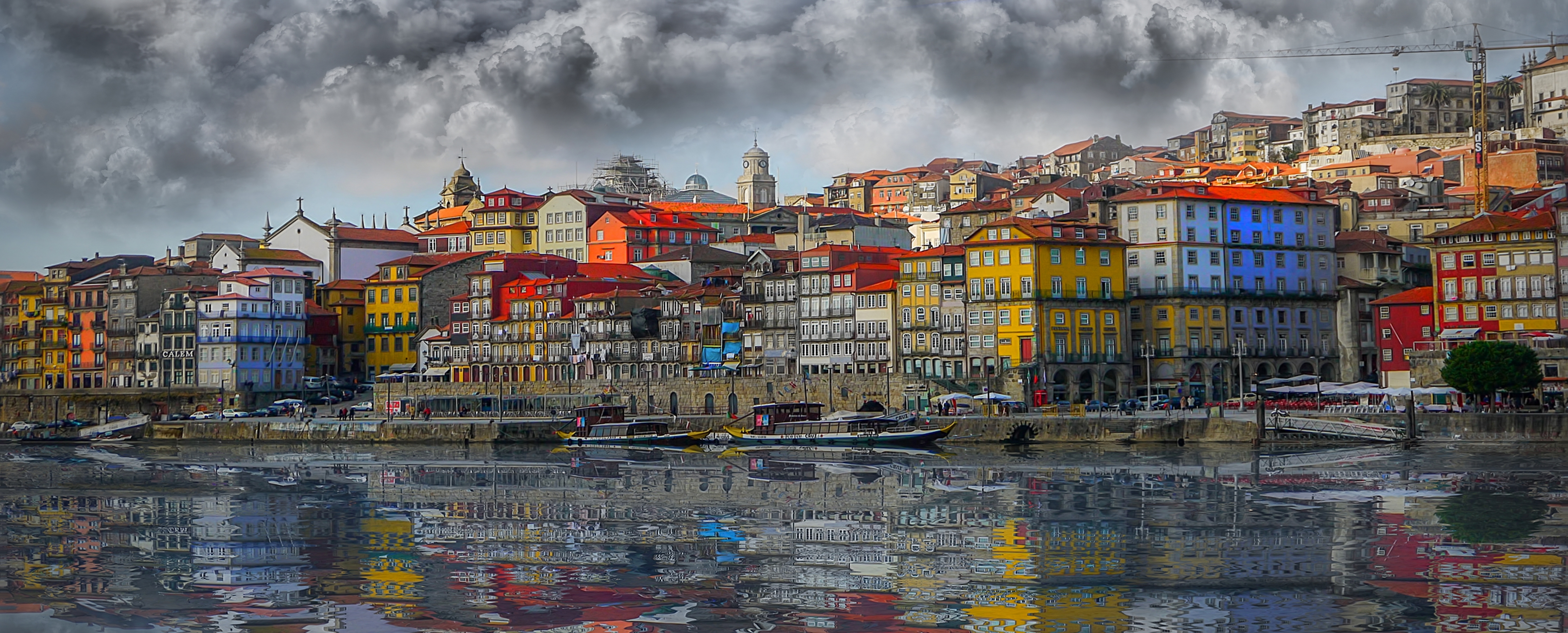 Cloud Colorful House Lake Porto Portugal Reflection Town 4457x1800