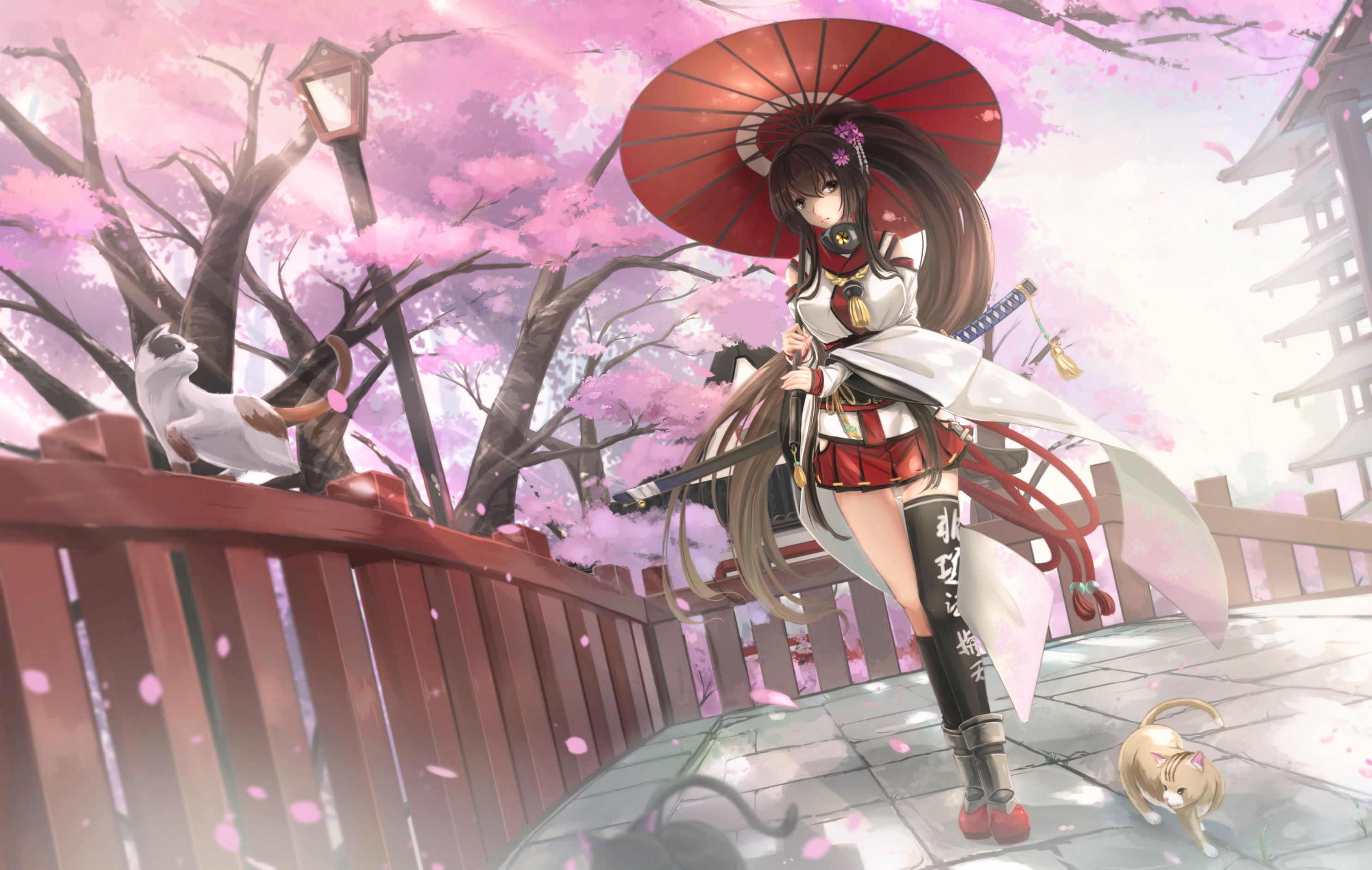 Boots Brown Hair Cat Girl Katana Long Hair Petal Sakura Blossom Skirt Socks Sword Thigh Highs Umbrel 2969x1884