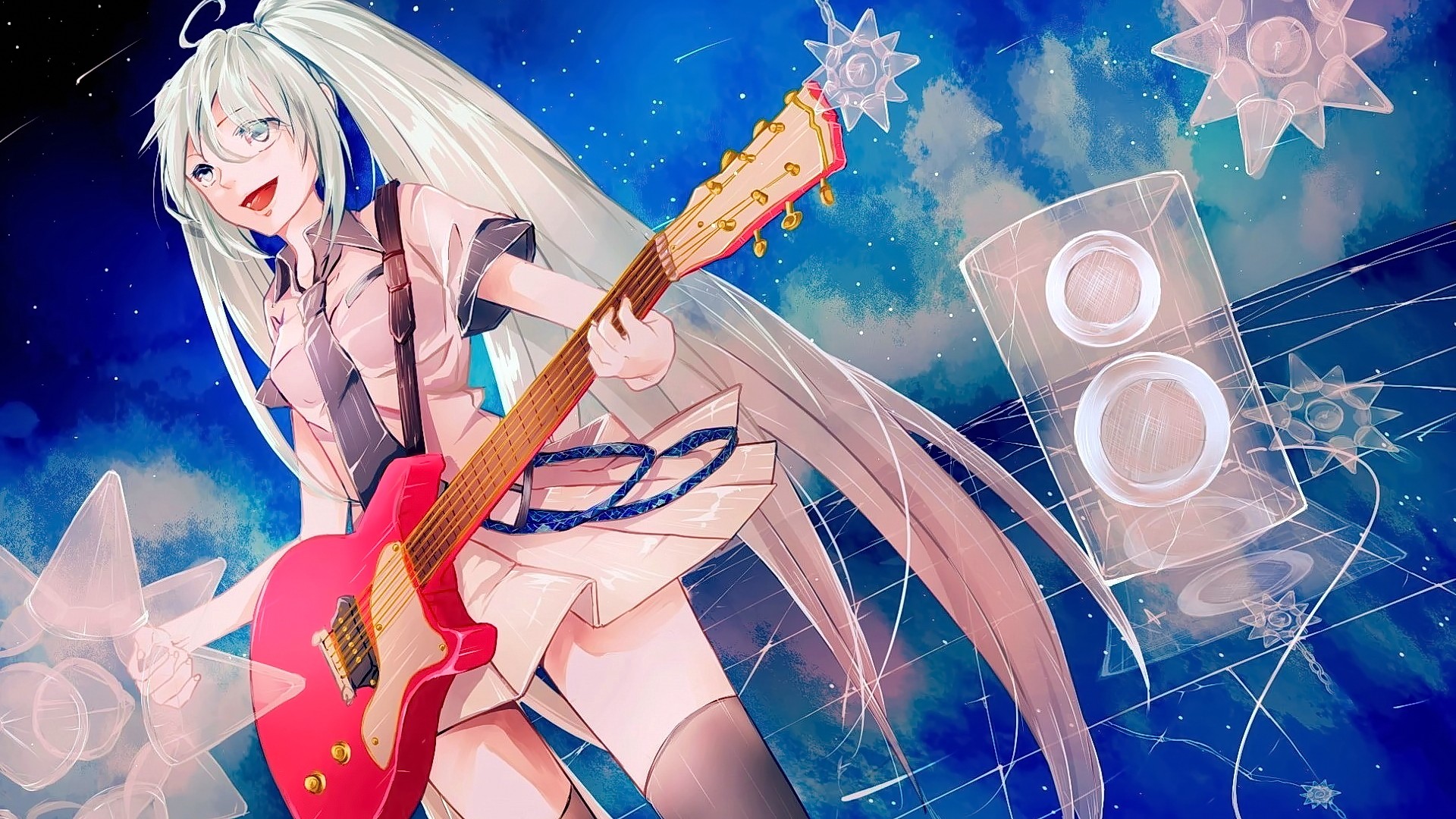 Guitar Hatsune Miku Instrument Long Hair Skirt Smile Vocaloid White Hair 1920x1080