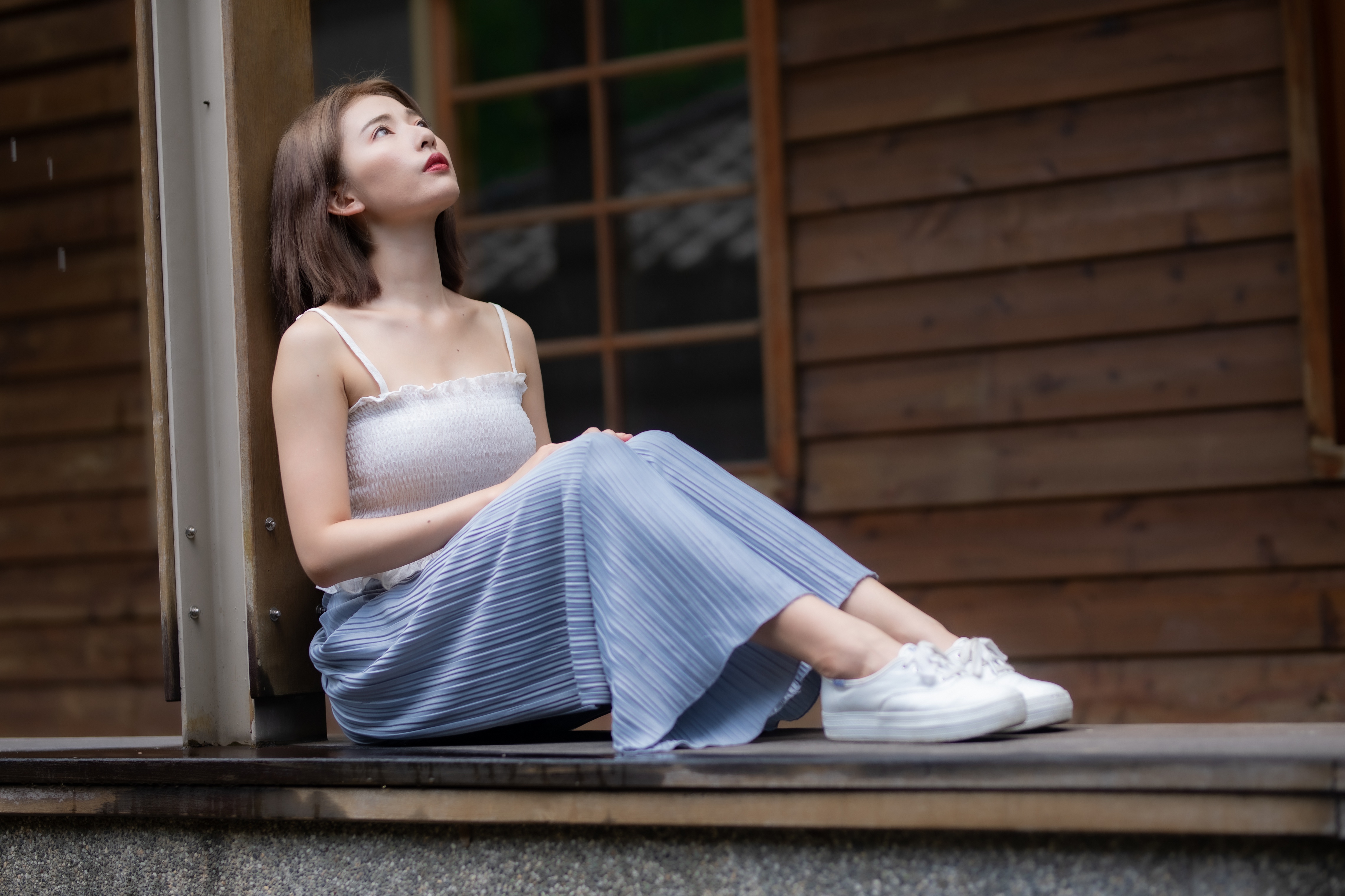 Asian Model Women Short Hair Brunette Sitting Leaning Looking Up Long Skirt Sneakers Shirt Window 4562x3041