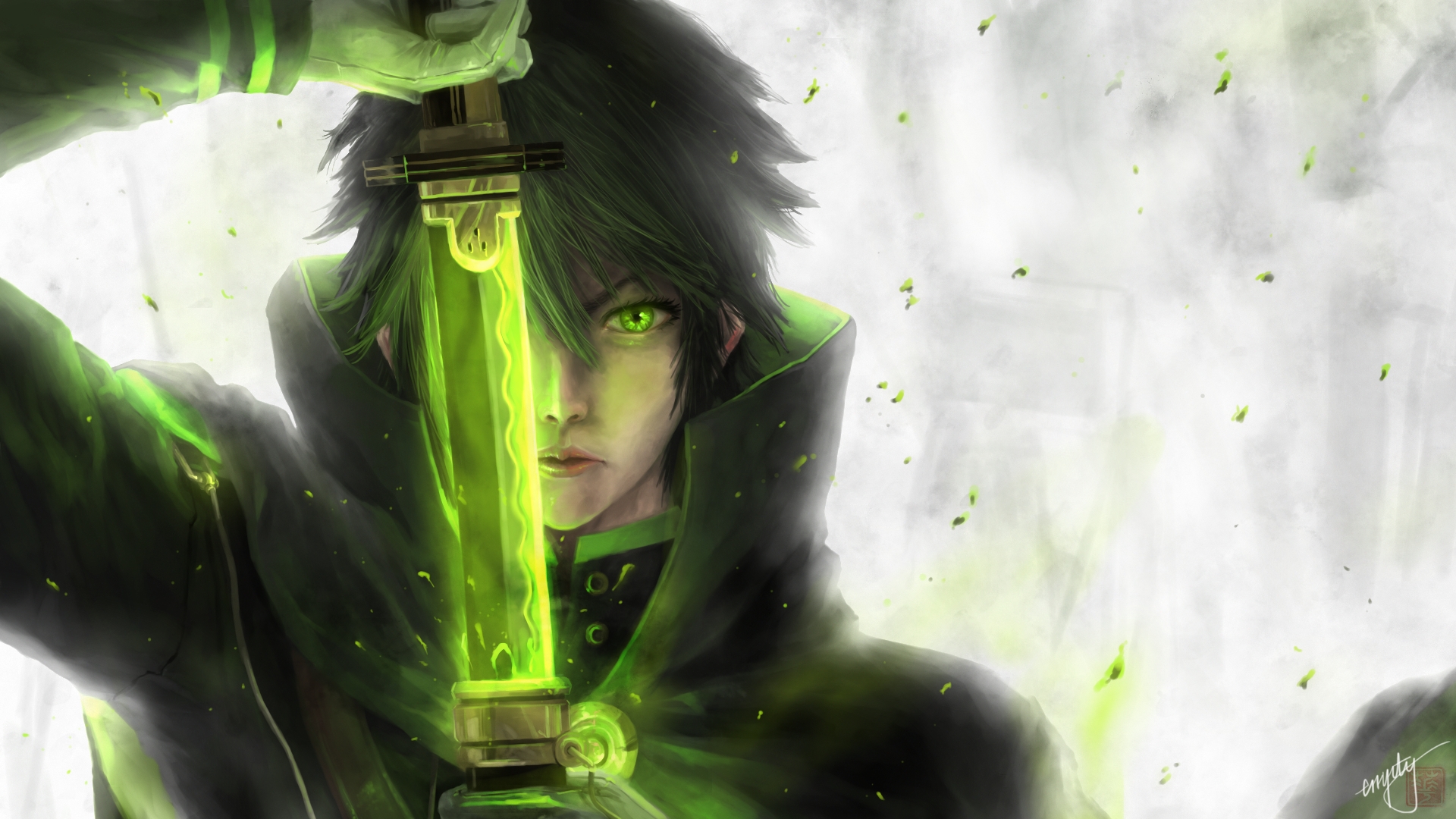 Black Hair Boy Glow Green Eyes Katana Seraph Of The End Sword Weapon Y Ichir Hyakuya 1920x1080