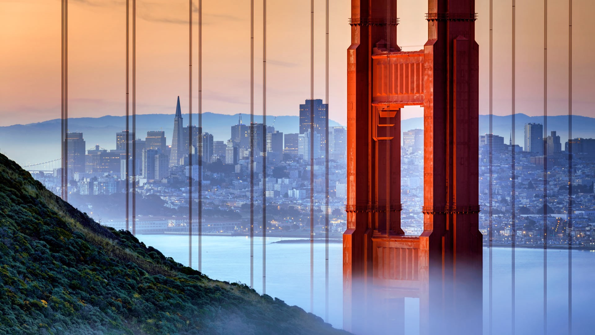 Landscape City Bridge Plants Mountains Sunrise Mist Golden Gate Bridge San Francisco California USA 1920x1080